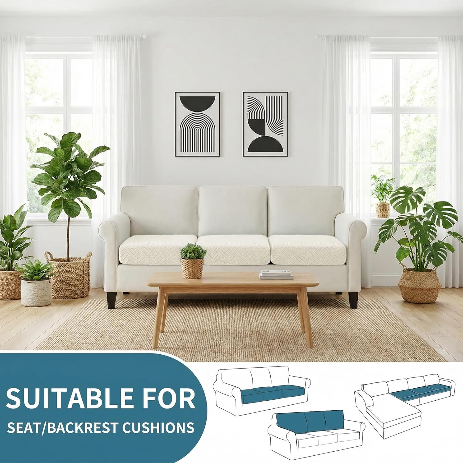Stretch Couch Cushion Covers,3-Piece Sofa Seat Slipcovers for Pets,Non Slip Sofa Seat Cover Washable,Sofa Slipcovers with Elastic Bottom,3 Piece Sofa Cushion Cover,Beige White