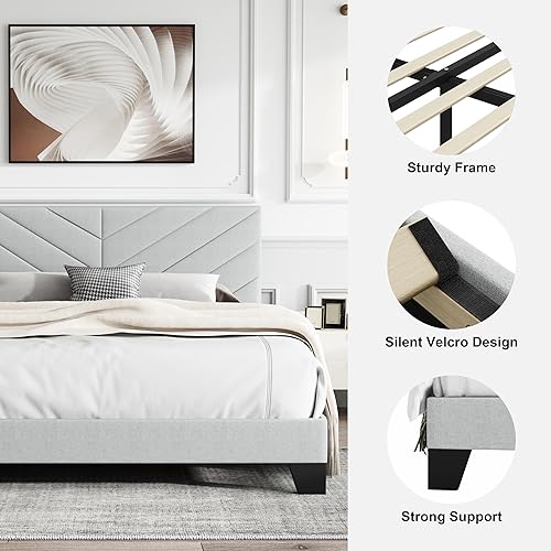 Miniatura 5 de Cama de plataforma tapizada tamaño Queen, base de cama Queen con cabecera de tela, marco resistente y listones de madera, funcionamiento silencioso,