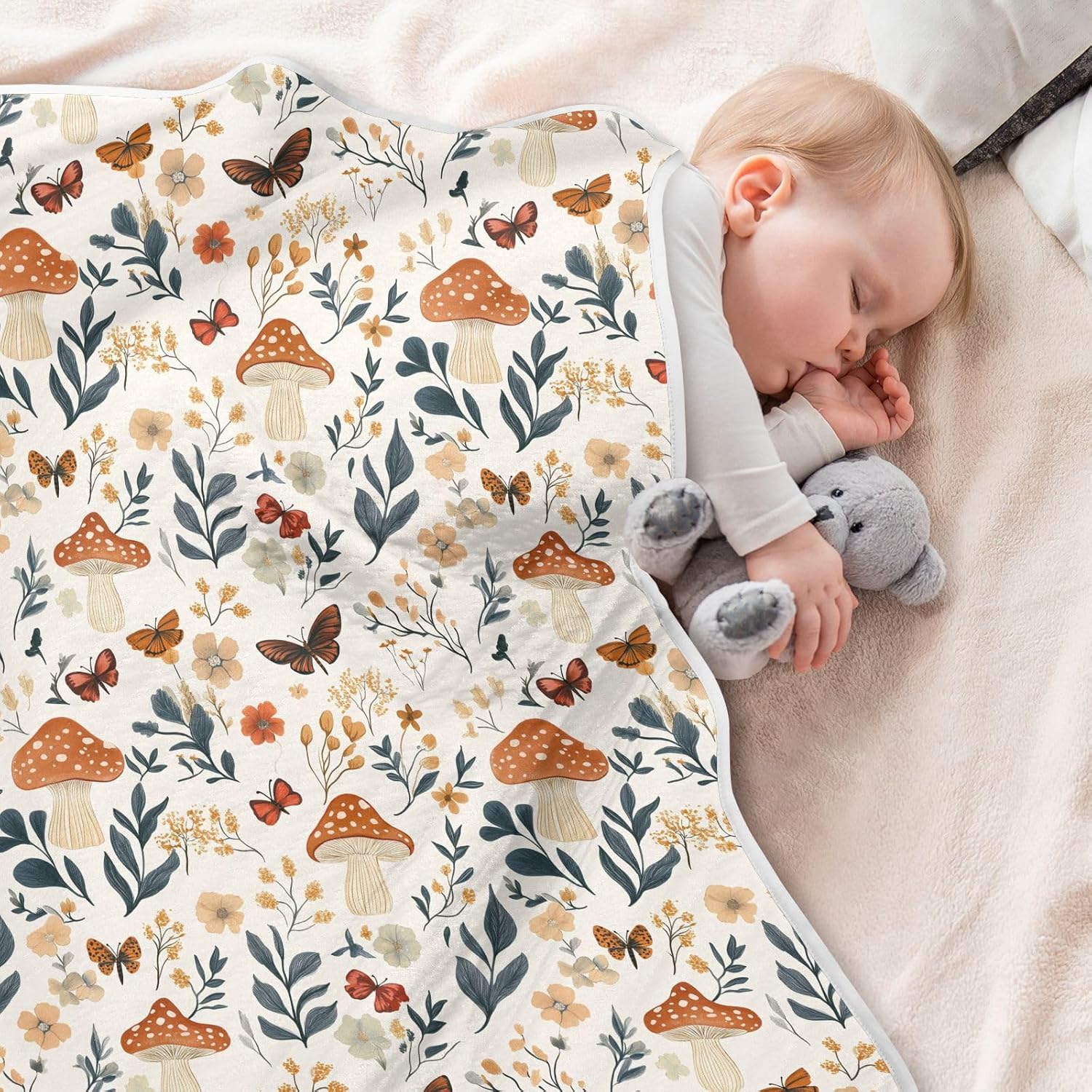 Vintage Mushroom Butterfly Wildflower Baby Swaddle Blanket for Boys and Girls, Muslin Baby Receiving Swaddle Blanket, Soft Cotton Nursery Swaddling Blankets for Newborn Toddler Infant