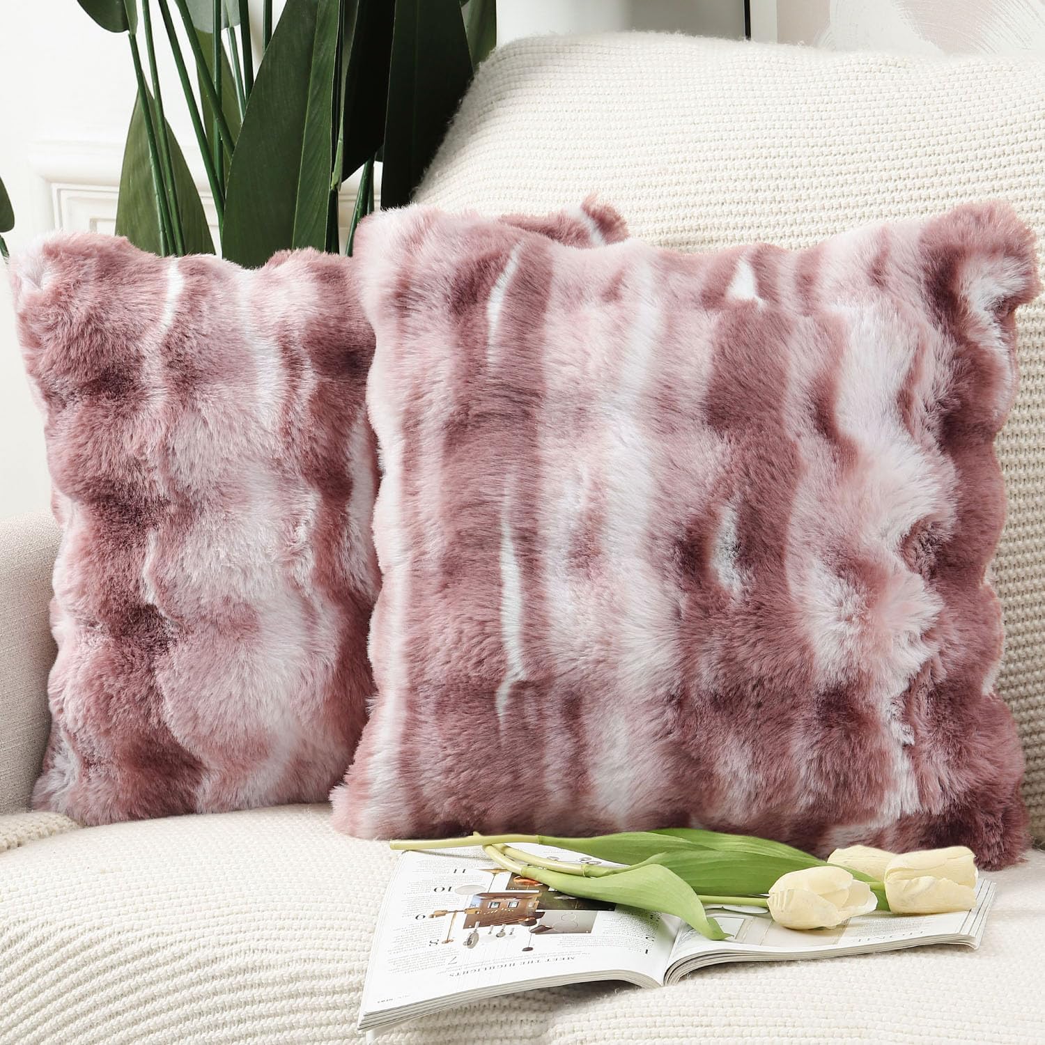 MADIZZ Pack of 2 Thick Plush Wool Throw Pillow Covers 20x20 Inch Pink Soft Neutral Decorative Throw Pillows Accent Boho Cushion Covers for Couch Sofa Bedroom Pillow Shell Pink 20" x 20" (Pack of 2)