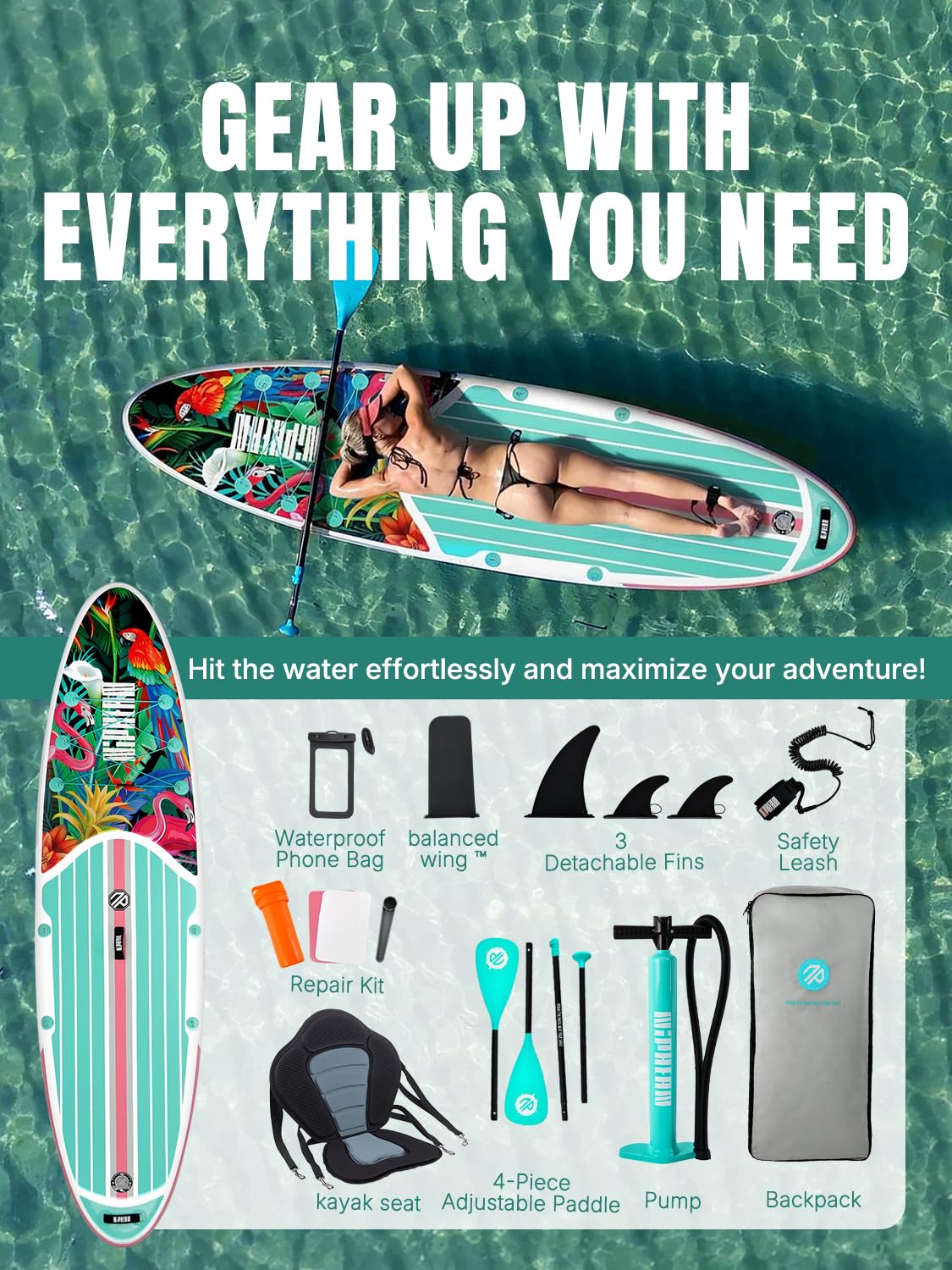 Niphean SUP Gonfiabile Adulti con Tutti gli Accessori, 320cm Stand up Paddle Gonfiabile per Tutti i Livelli, Paddle Board con Capacità di 200kg per 2 Persone, Tavola da SUP Gonfiabile con Sedia