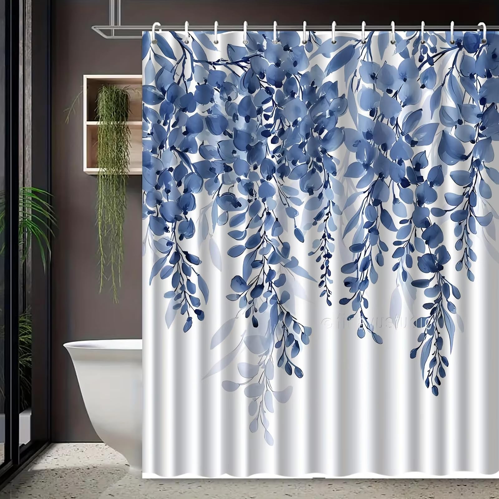 Cortina de Ducha Estampada con diseño de Enredadera de Flores Azules para la decoración del baño del hogar con Ganchos, Tela de poliéster Lavable a máquina (180x240cm (71x94in))