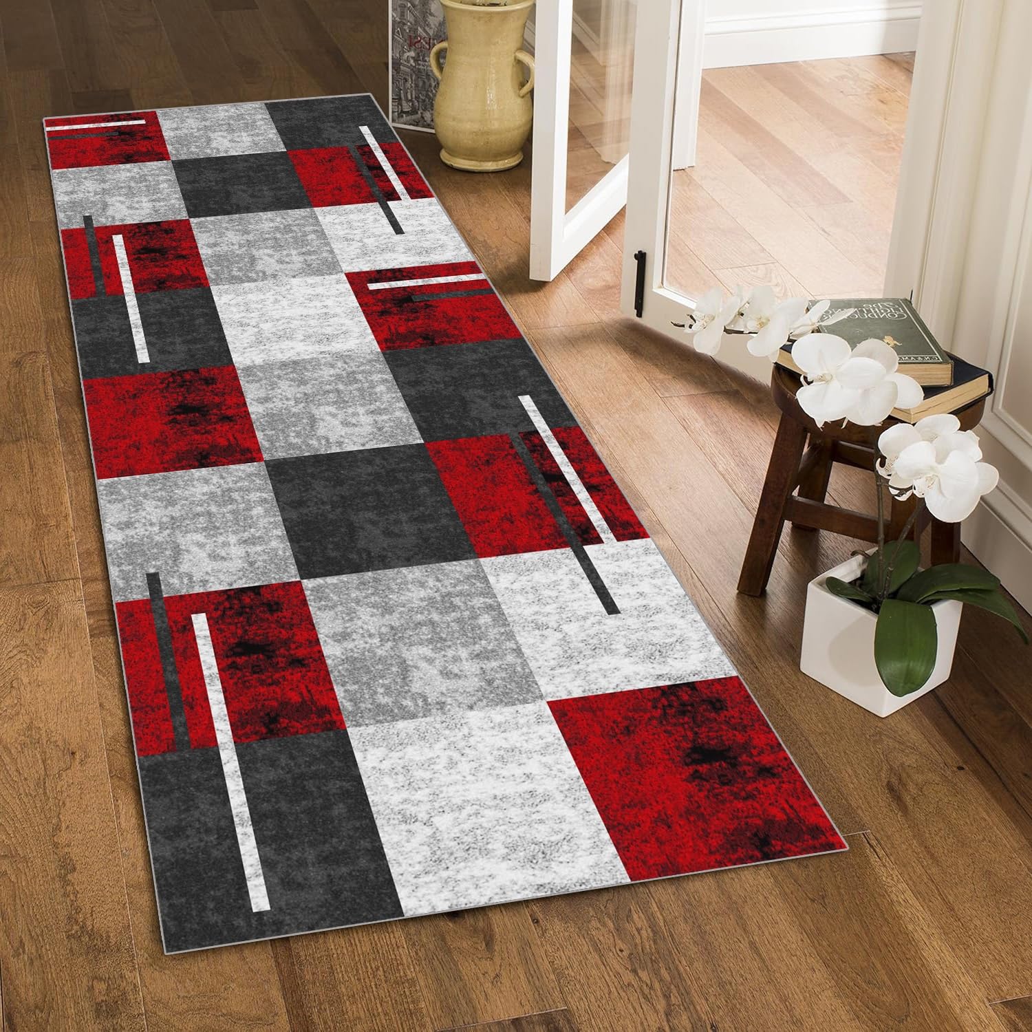 Geometrisch Teppich Läufer Flur Grau Rot Lang rutschfest Kücheläufer Waschbar Schlafzimmer Bunt Teppich Läufer 70x180cm Dauerhaft Läuferteppich Flurläufer Korridor Fußmatte Meterware