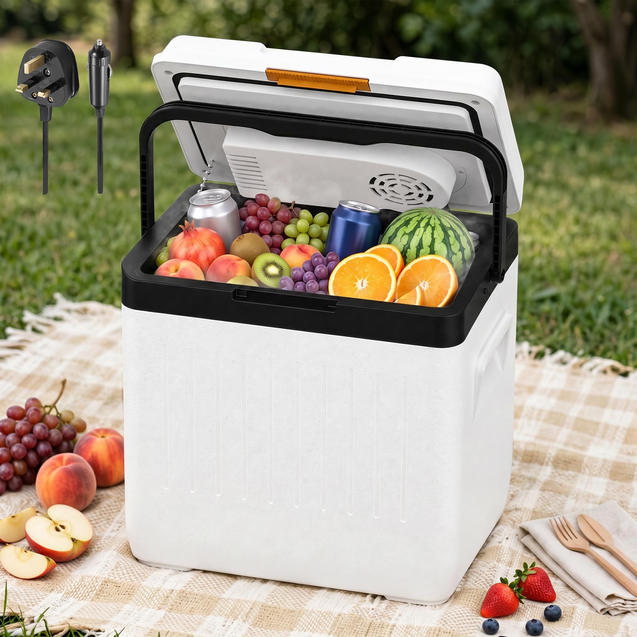 MoraRise 25L Electric Cool Box, Portable Insulated Warmer Cooler Box, ECO Mode, 12V Car /240V Mains, HDPE Body, Thermoelectric Camping Fridge for Travel, Campervan, Caravan, Picnic, Festival (White)
