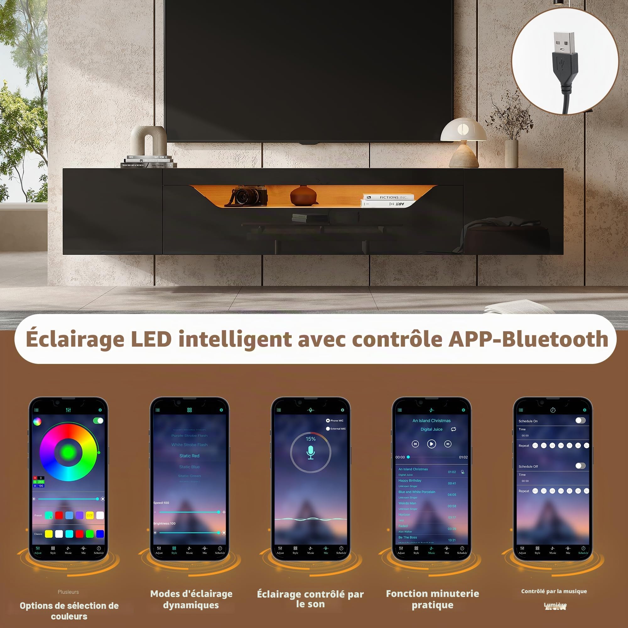 Meuble TV bas suspendu 180 cm avec LED, noir brillant et aspect bois, meuble TV mural avec 3 compartiments de rangement, 2 portes et porte rabattable, convient pour téléviseurs jusqu'à 75"
