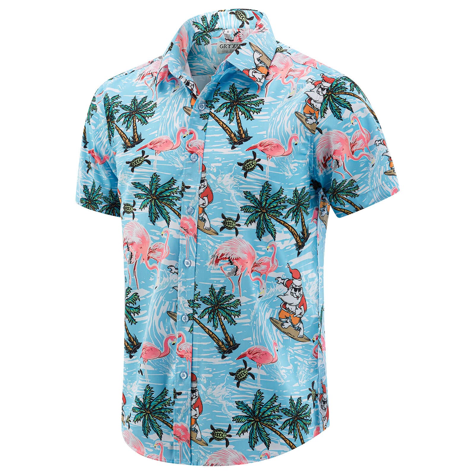 GRTXIN Christmas Shirts for Men Hawaiian Santa Claus Vacation Shirt Short Sleeve Button Down Dress Shirts