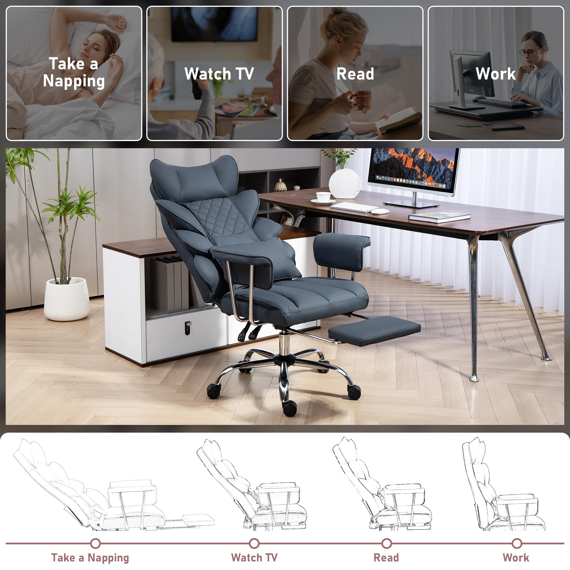 Sedia da Ufficio con Poggiapiedi - Sedia Ergonomica per Gaming e Dirigenti, con Rotazione a 360°, Schienale Regolabile da 90°-135° e Braccioli Morbidi per il Massimo Comfort (Nero)