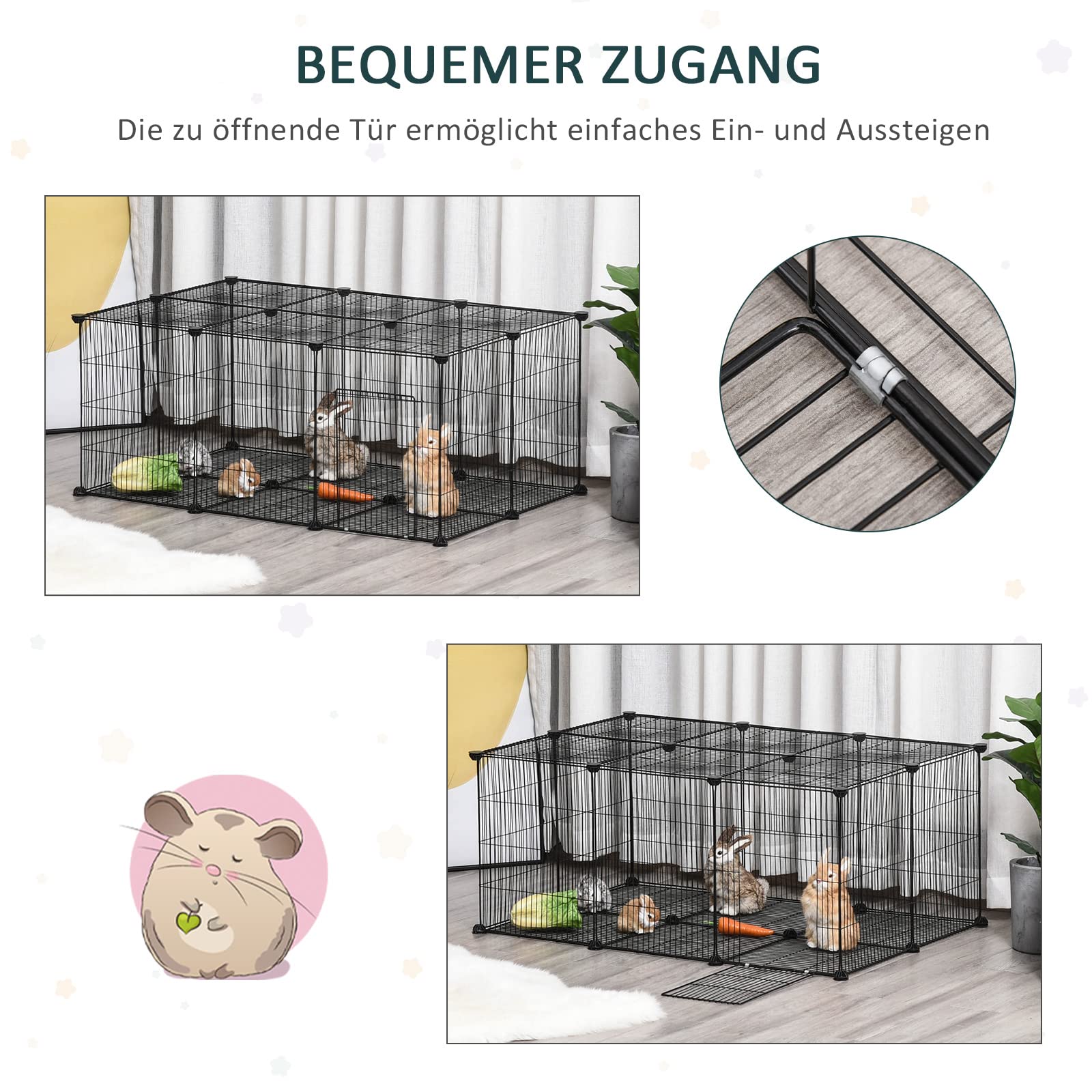 PawHut Kleintiergehege kleintierkäfig Freigehege DIY Metall Kleintiere Multi-Winkel-Verbindungen Anti-Rutsch-Matte öffenbar 22 Platten Schwarz 105 x 70 x 45 cm