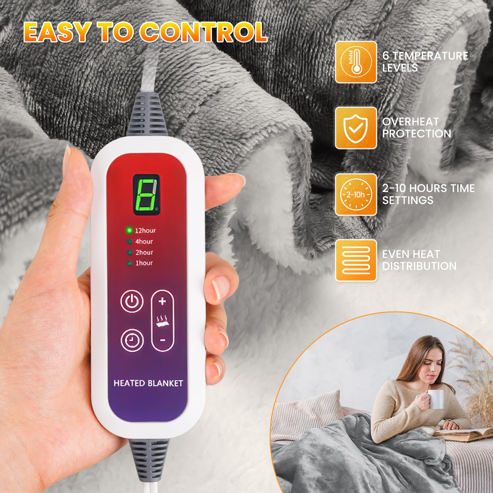Qfun Doppelseitig Heizdecke mit Abschaltautomatik 180x100cm, Schnelles Aufheizen Wärmedecke Elektrische mit 6 Temperaturstufen, 4 Timer, Waschbar Heated Blanket Kuscheldecke, Überhitzungsschutz