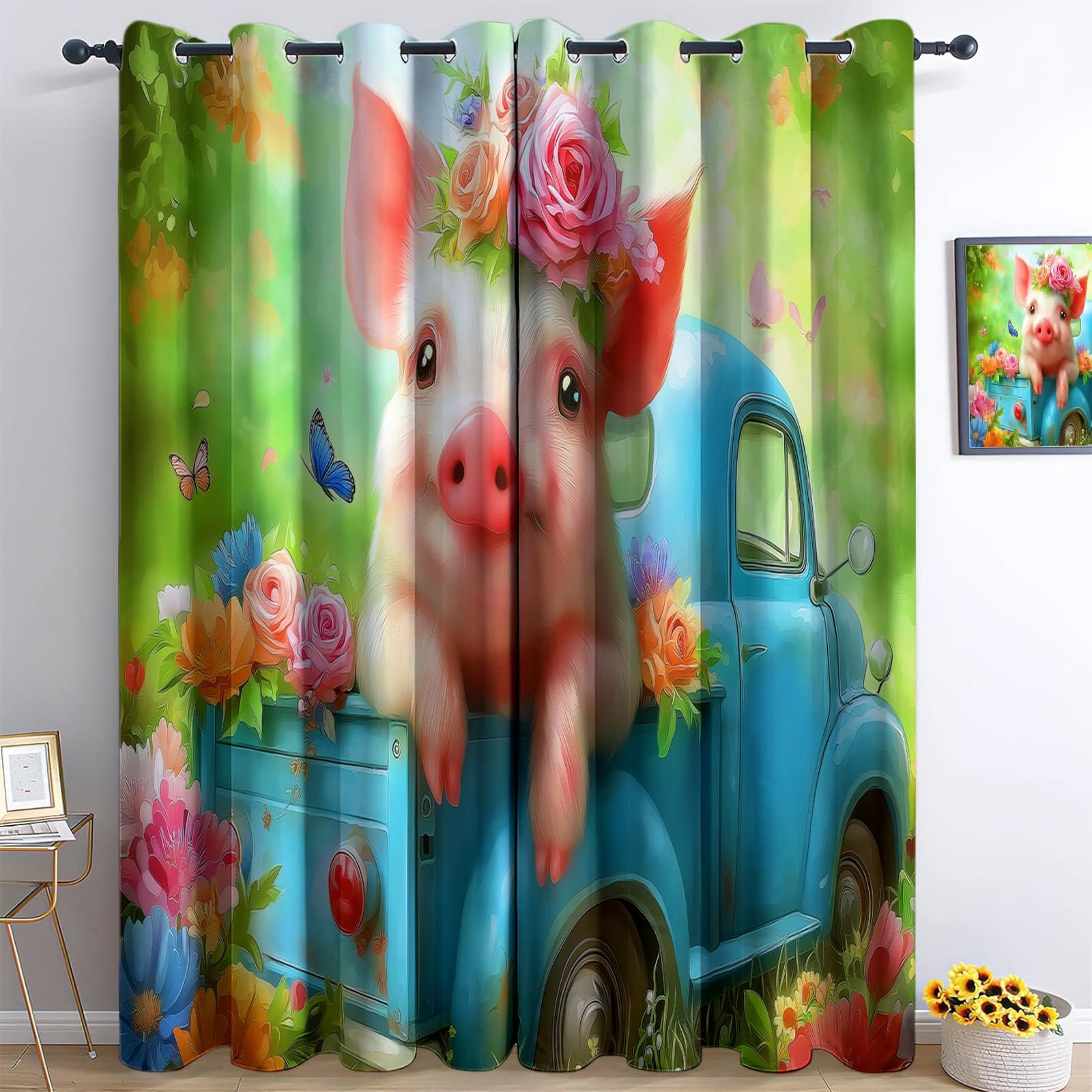 Generico 110 x 215 cm zielone zasłony do wnętrz salon zasłony okienne matowe, świnka, ciężarówka, kwiat, motyl zaciemniające, zasłony z oczkami do sypialni dziecięcej, 2 panele