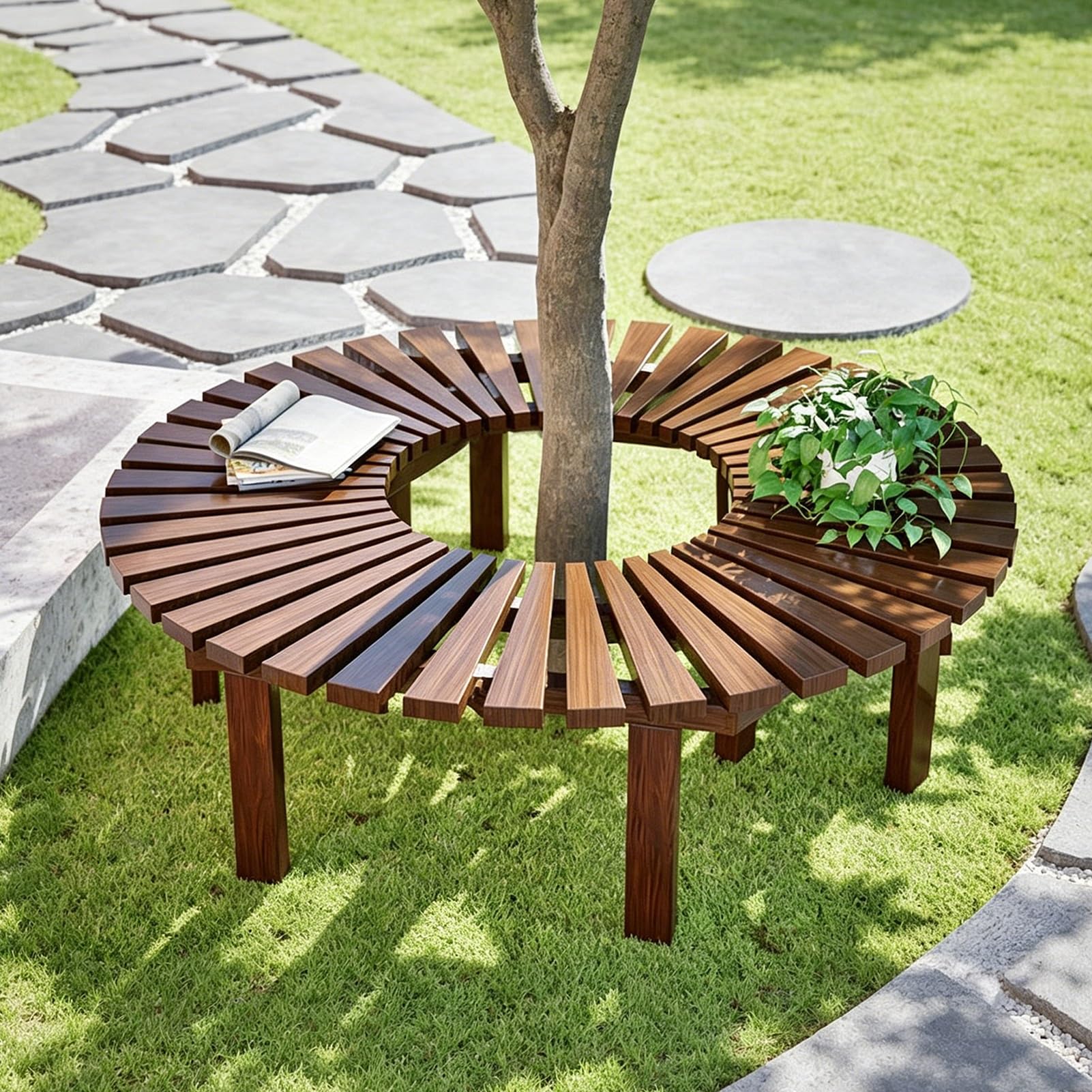 Banco de árbol semicircular de madera maciza natural para jardín y parque exterior