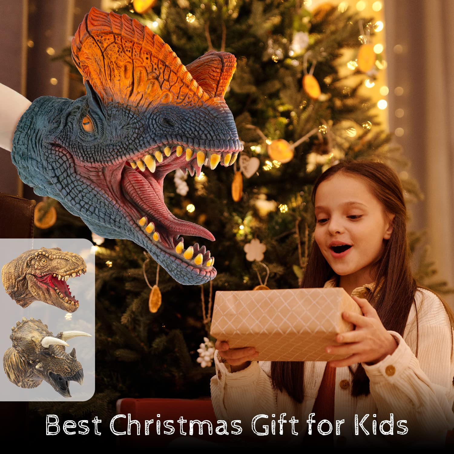 Giocattoli per Burattini a Mano, Gomma Morbida Realistico Testa di Dinosauro Tyrannosaurus Rex T-Rex Dilofosauro Triceratopo, Marionette Bambini Set di 3