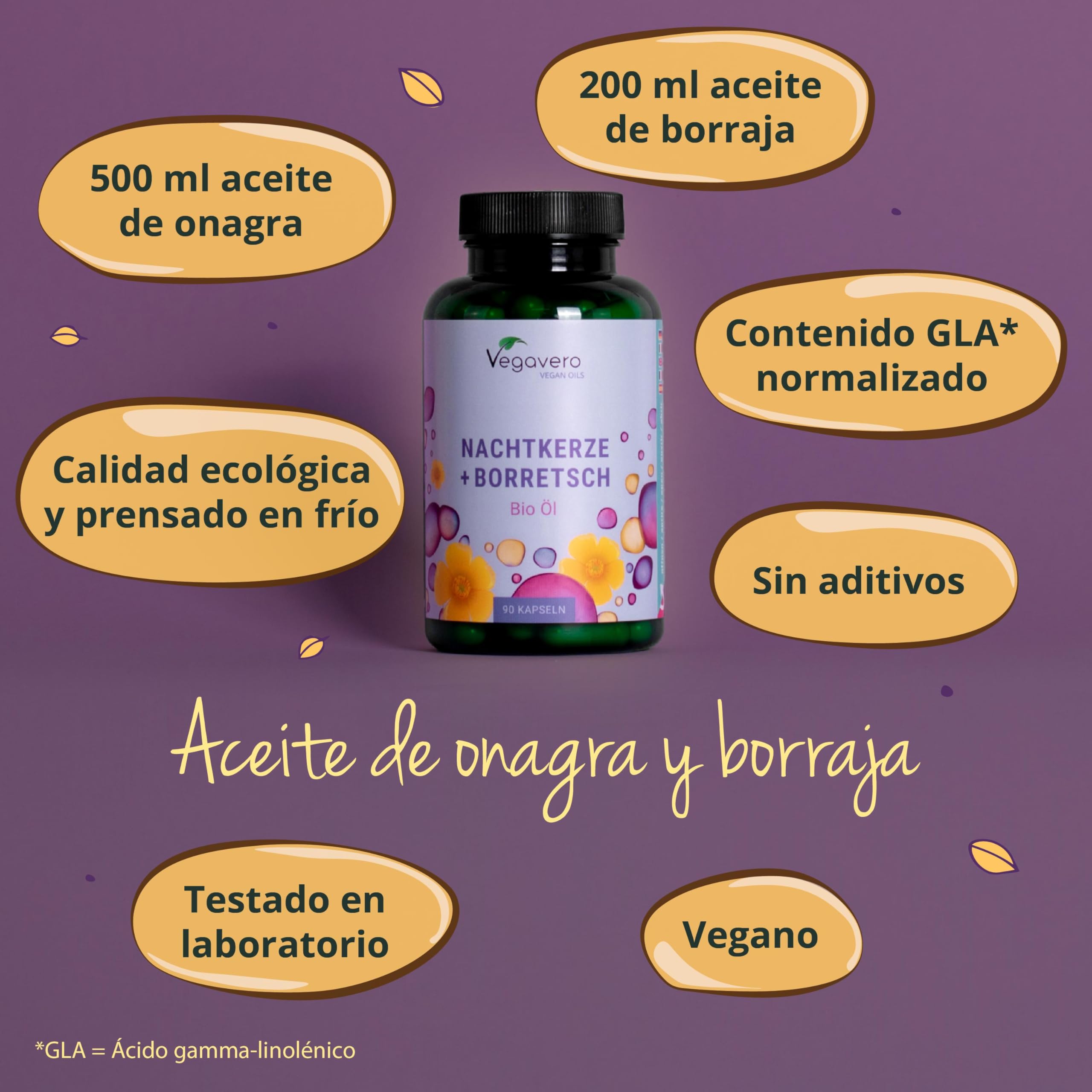 Evening Primrose Oil Vegavero | El único Vegano & Orgánico | Aceite de Onagra Y Borraja | Acné + Psoriasis + Eczema | Con Omega 6 | Prensado en Frío | Sin Aditivos | Onagra 500 mg | 90 Perlas