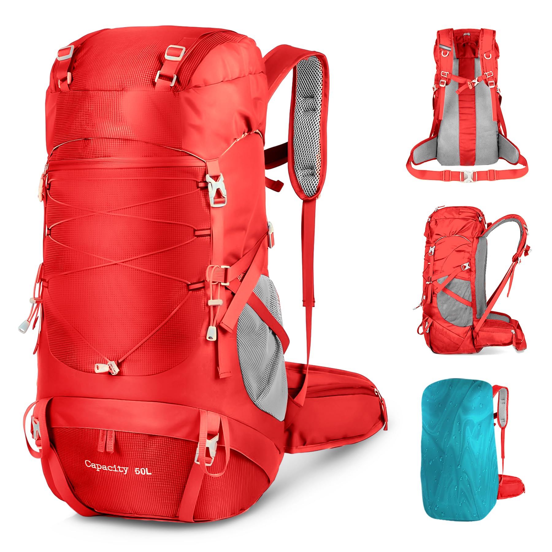 WTVIDAS 50L Lightweight Hiking Backpack for Women and Men with Rain Cover,Outdoor Sport Travel Daypack for Climbing Touring(red)