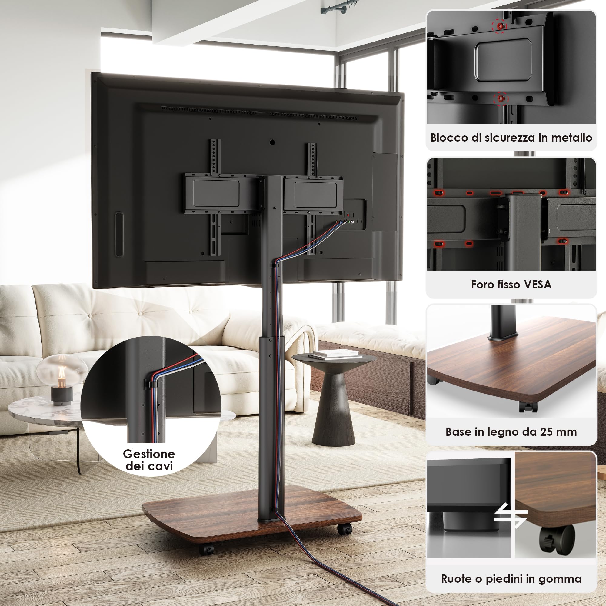 AOKCOS Carrello Porta TV con Ruote per 43-75 Pollici, Supporto TV da Pavimento Girevole e Regolabile in Altezza, Inclinabile, Base in Legno, VESA 600x400mm 50kg