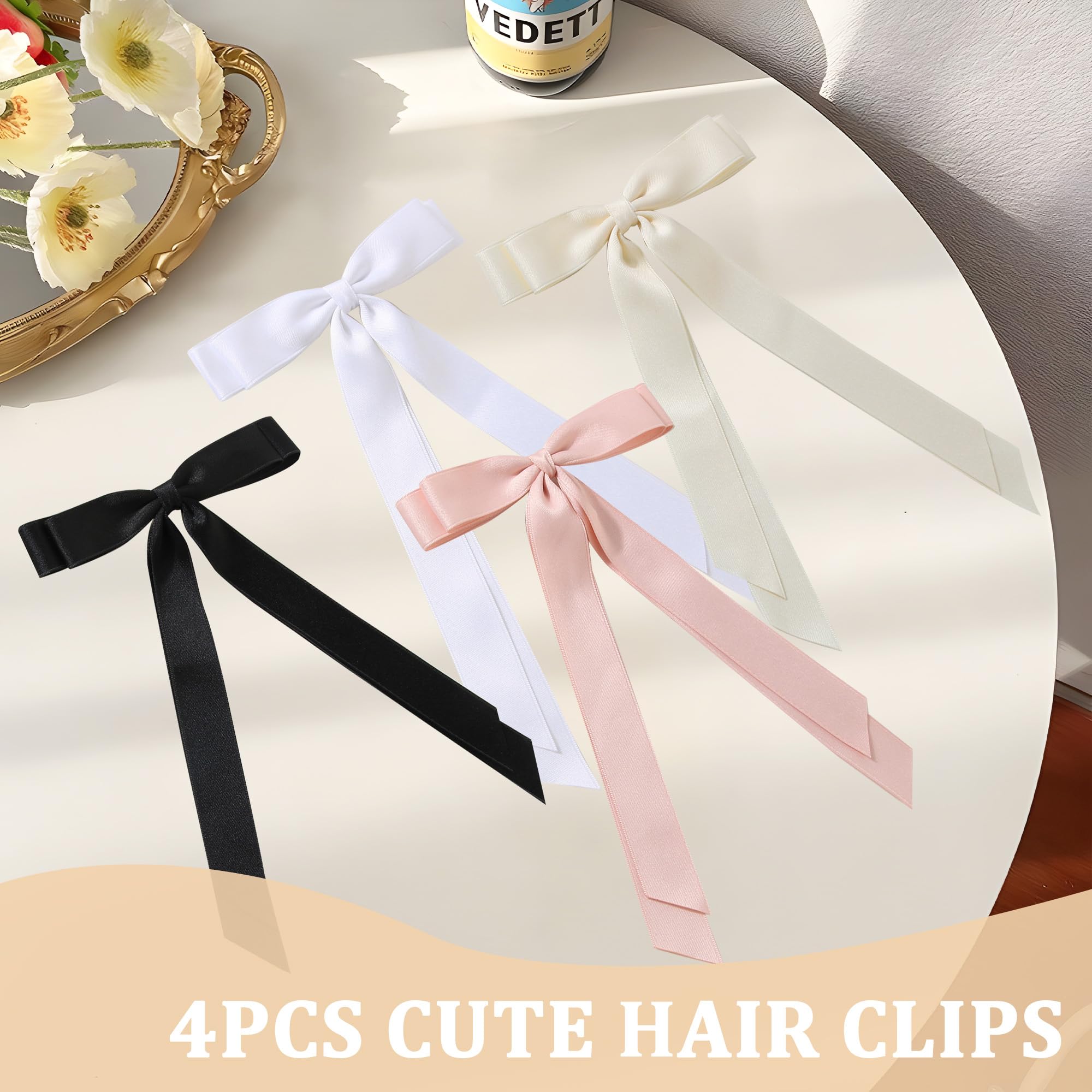 4PCS Elegant Hair Bows for Women & Girls - Black Hair Ribbons with Satin Finish, Adjustable Clips (Beige/White/Pink/Black) - Image 4