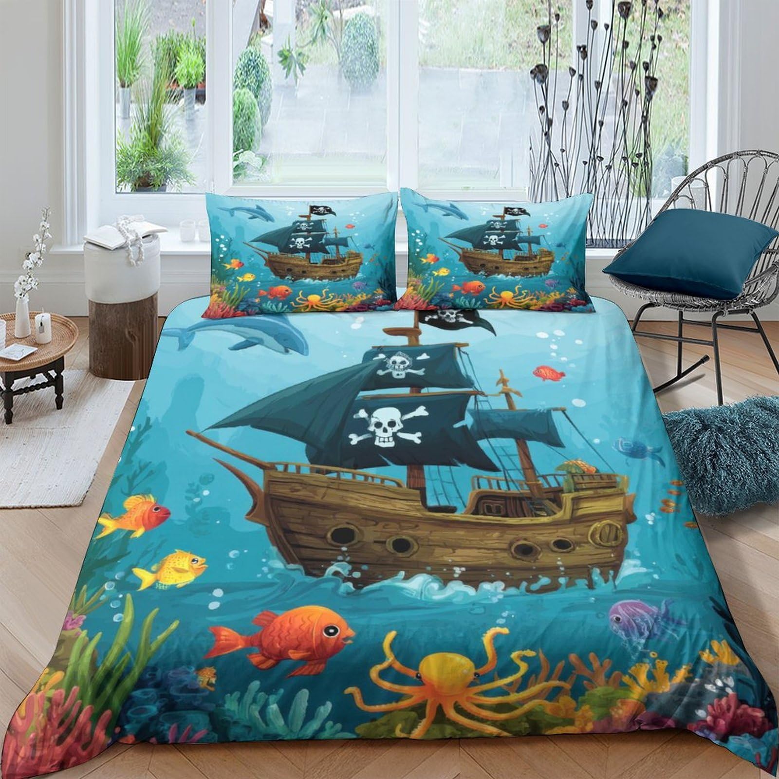Ctjqhvkz Style-1 3D Printed Pirate Ship Fitted Sheet Microfiber Soft Blue Ocean Sea Life Mattress Cover Bedroom Decor Single（135X200cm）