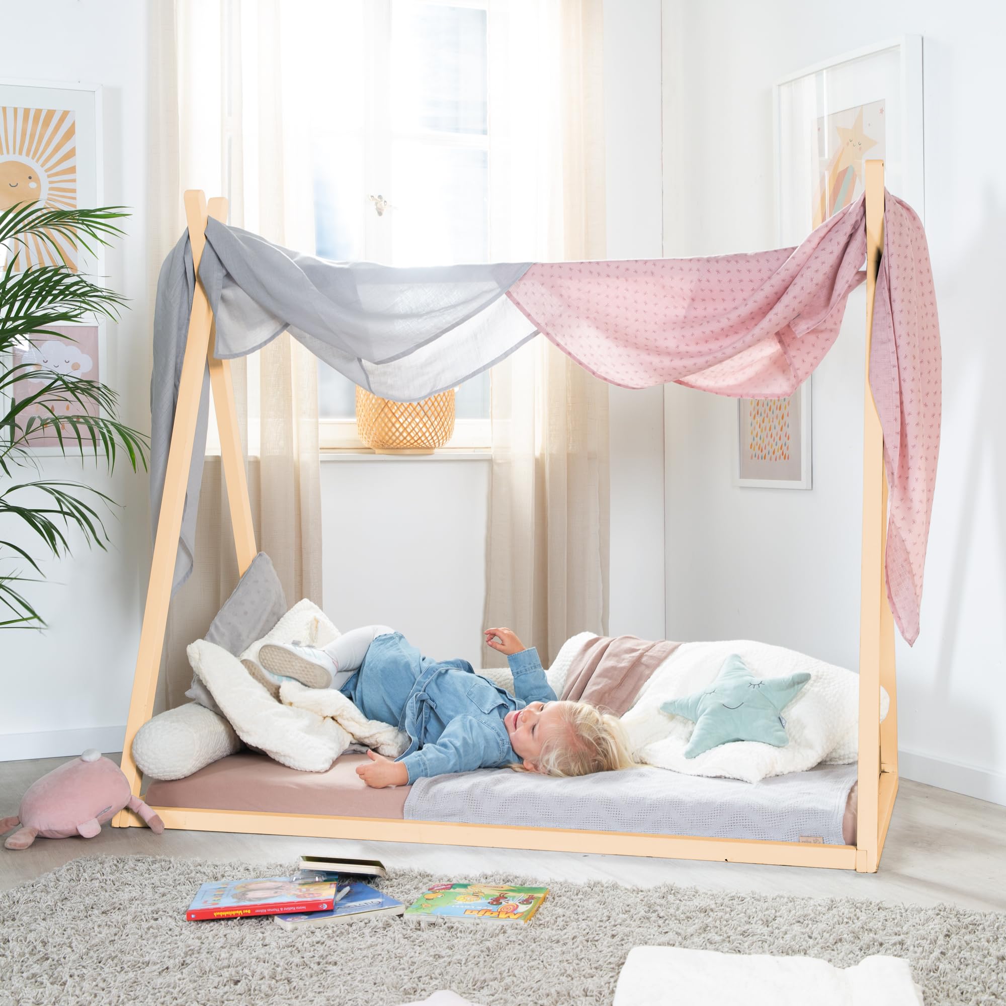roba Cuna Tipi 70 x 140 cm en Forma de Tienda - Cama Infantil Según Principio Montessori - Fabricada en Madera de Bambú Certificada por FSC - Lugar para Jugar, Leer y Abrazar - Natural