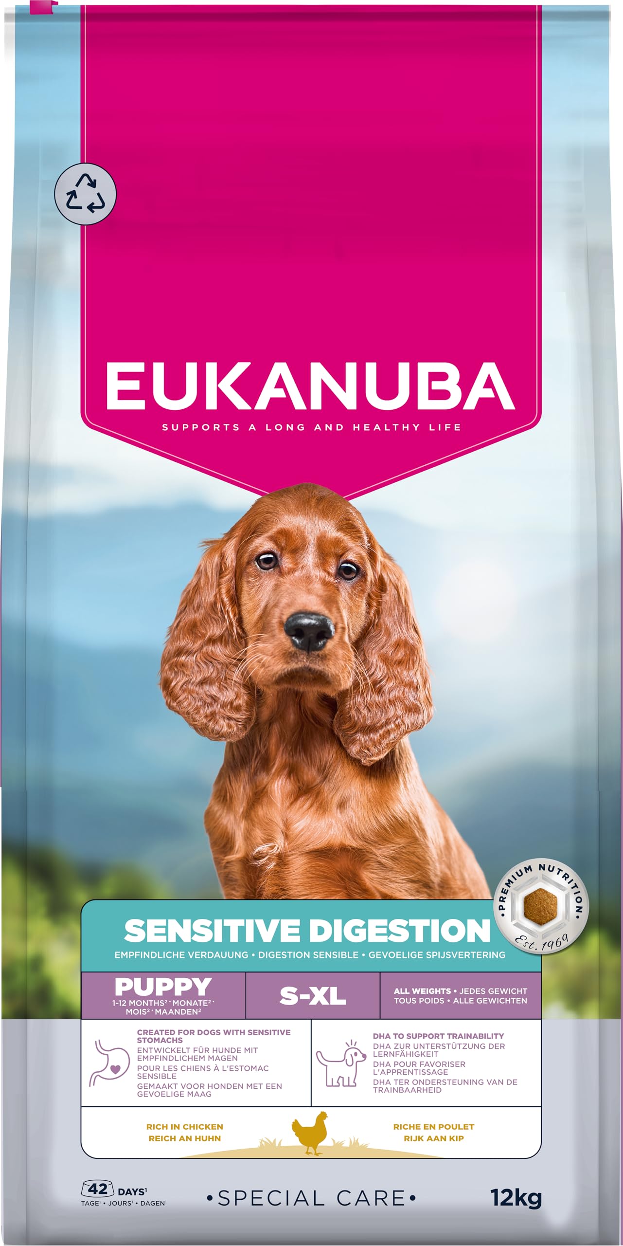 EUKANUBA Sensitive Digestion Cibo per cani con pollo e riso ad alta digeribilità - Mangime secco Special Care delicato sullo stomaco per cani giovani con sensibilità digestiva, 12 kg