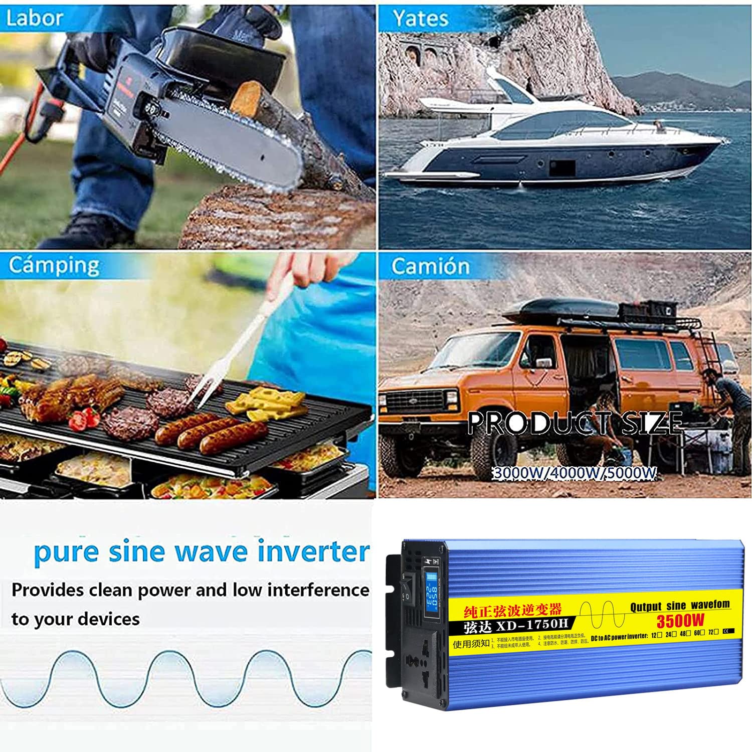 Samochodowy przetwornica sinusoidalna 2600W 3500W 4500W przetwornica napięcia 12V 24V 48V 60V 72V do 230V przetwornica przetwornica przetwornica z gniazdami ue i wyświetlaczem LCD,4500W-12V/24V