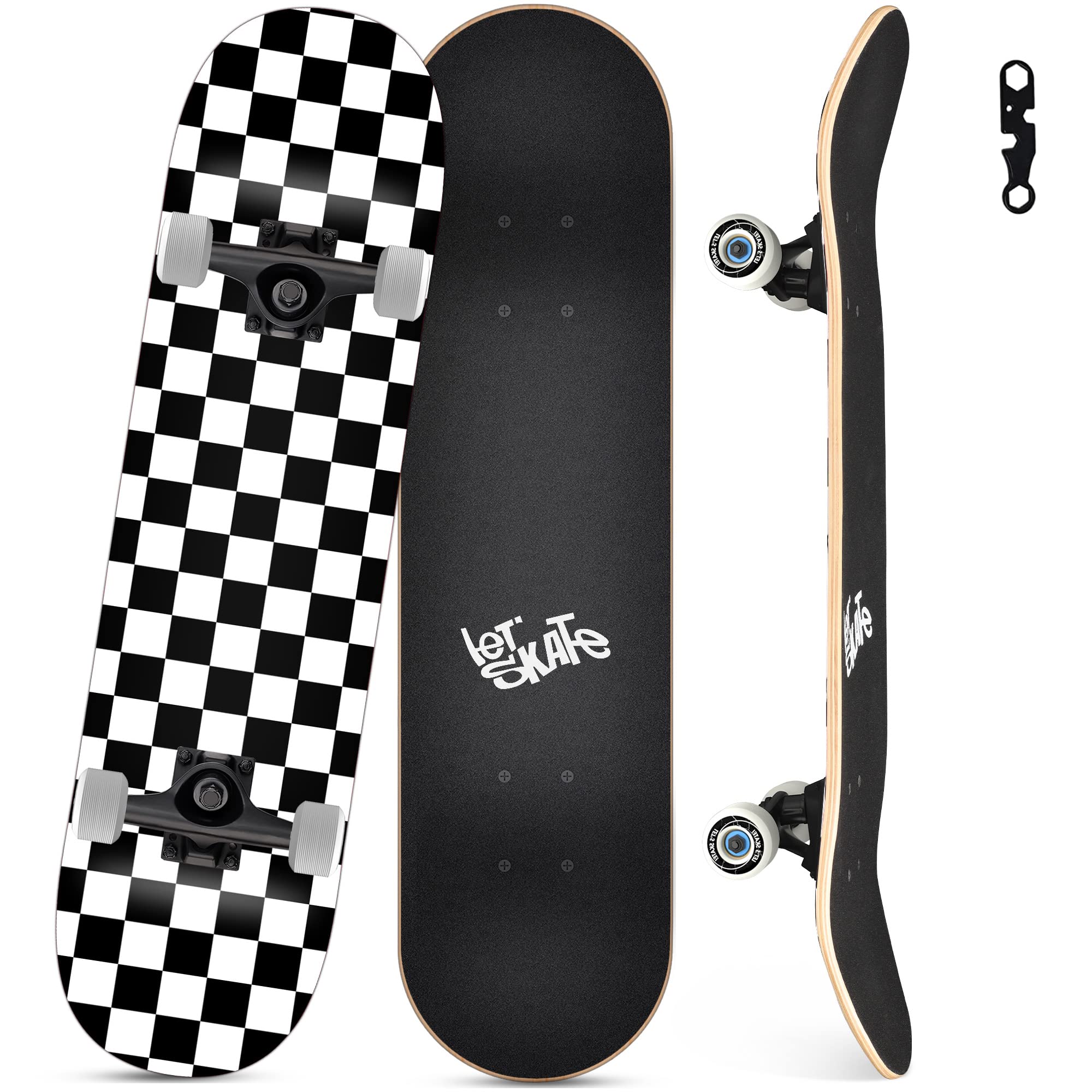Skateboards for Beginners, 31"x8" Complete Skateboard for Kids Teens & Adults, 7 Layer Canadian Maple Wood Double Kick Deck Concave Standard and Tricks Skateboard with All-in-1 Skate Tool