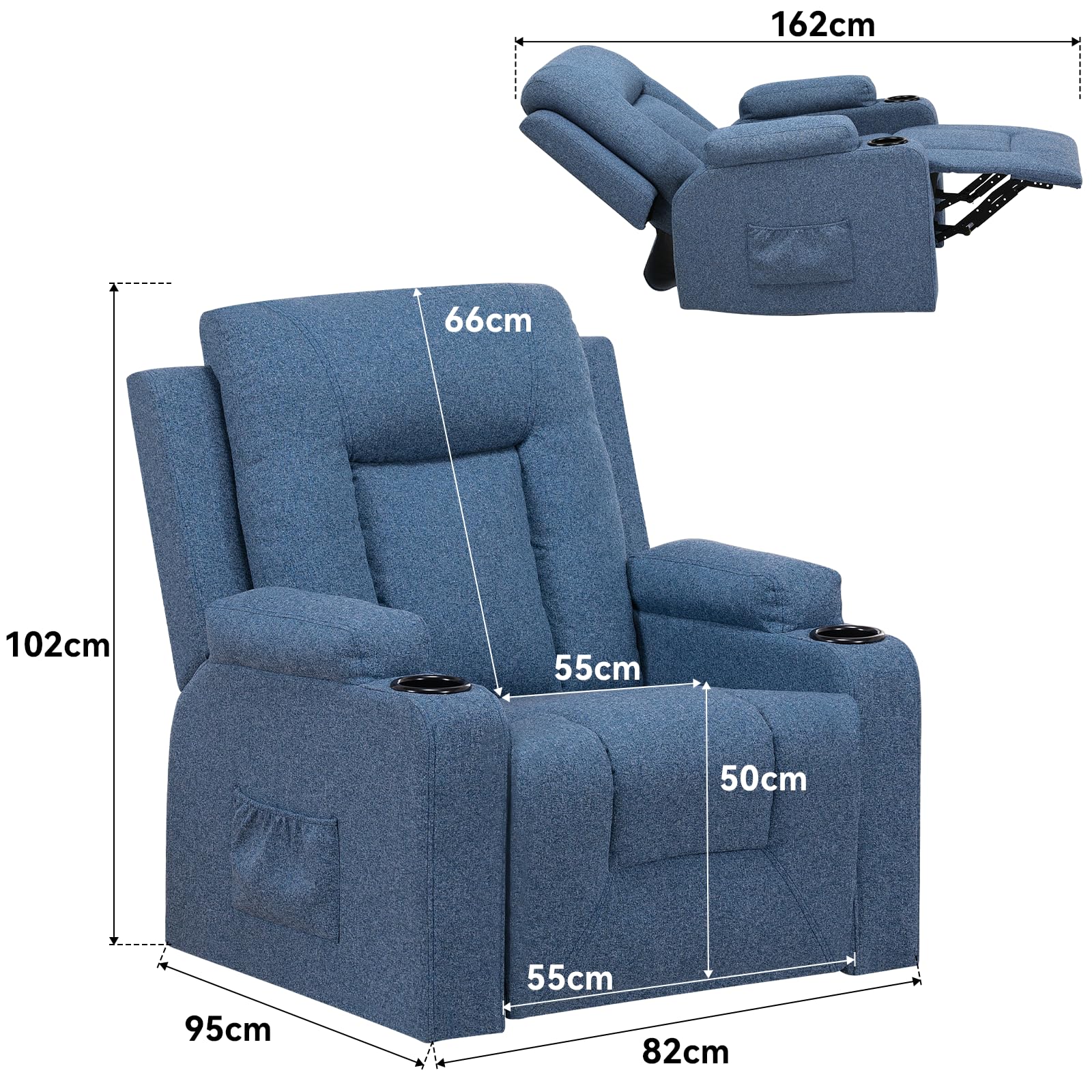 COMHOMA Poltrona Relax TV con Funzione Recliner Schienale Regolabile, Girevole a 360°, 2 Tasche Laterali e Portabicchieri, Blu, Tessuto