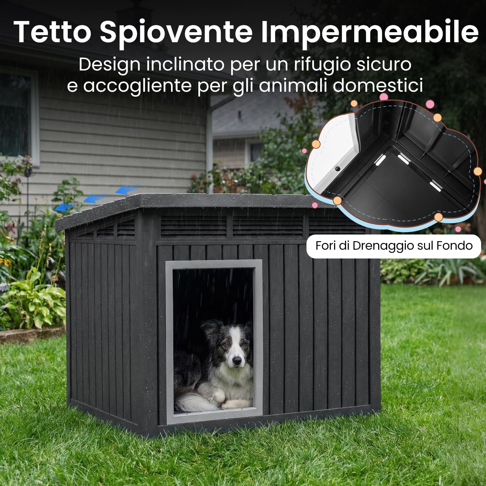 COSTWAY Cuccia per Cani da Interno e Esterno con Tetto Inclinato Apribile | Cassetta per Animali Domestici in PP con Finestre Ventilate a Lamelle e Soglia Rialzata, 81 x 64 x 61 cm