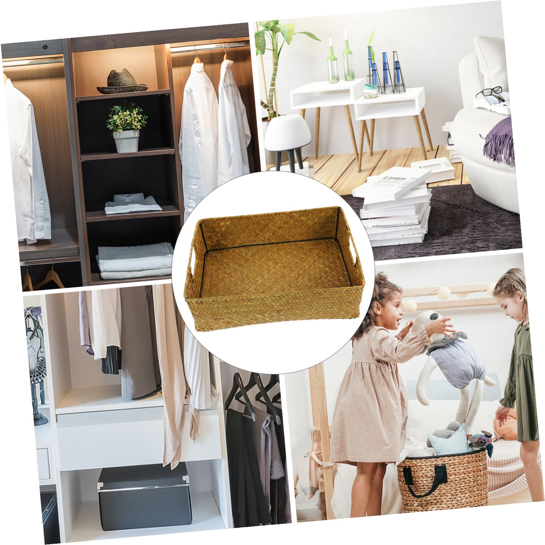 Angoily Cesta de Almacenamiento de Mimbre Grande con Asas Contenedor Organizador Rectangular de Cesta de Almacenamiento de Algas Tejida a Mano Retro Caja para Artículos