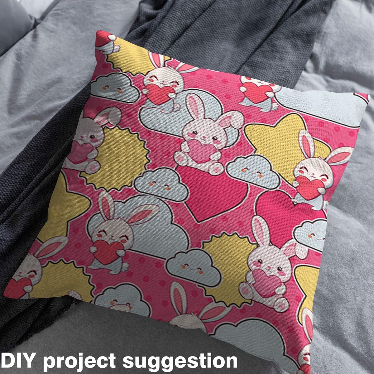 Feelyou Cartoon Rabbits Fabric by The Yard, Cute Pink Bunnies Kids Theme Illustration Fabric for Chairs and Home DIY Projects, Heart and Clouds Pattern Decorative Waterproof Fabric, 5 Yards