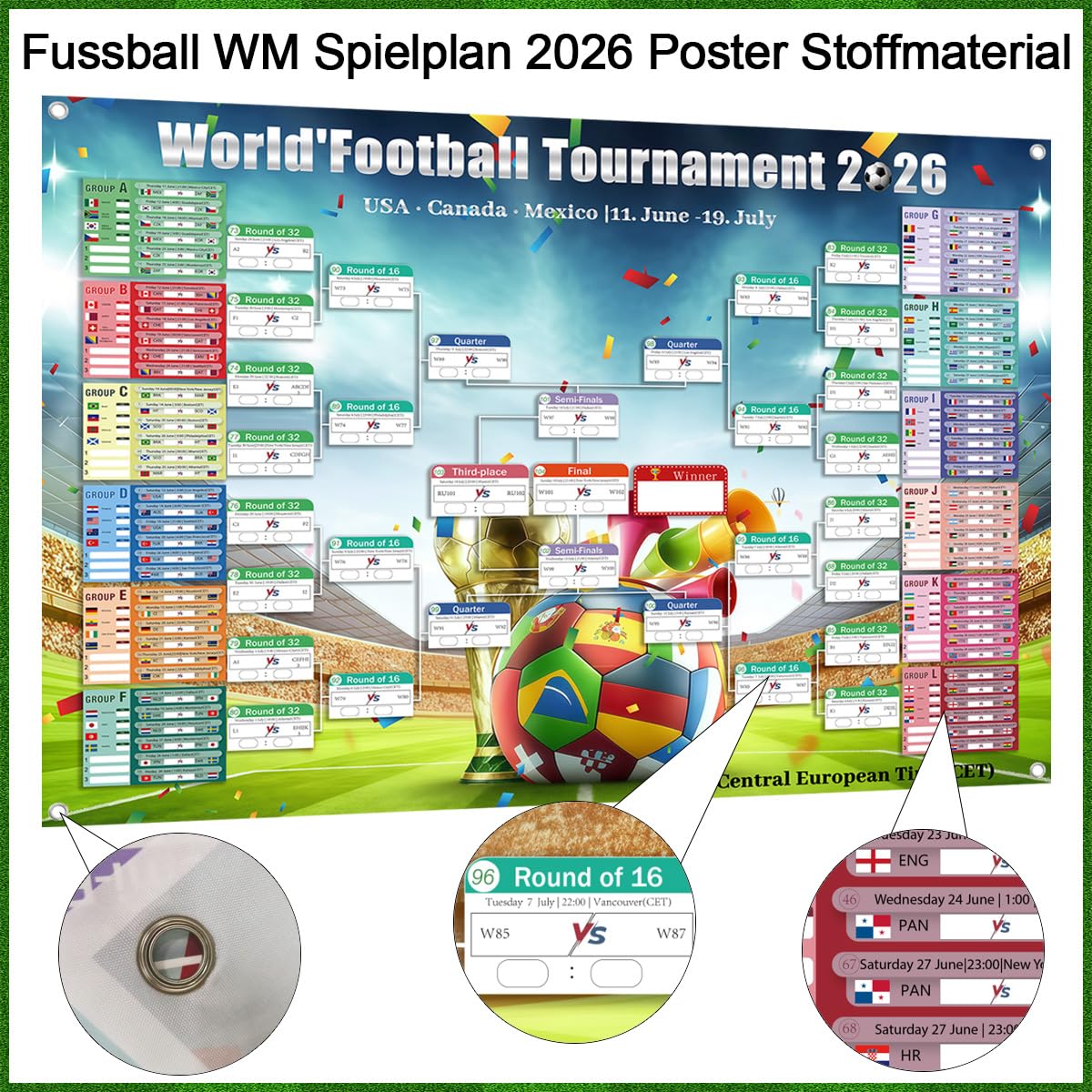 Poster Calendario Partite Coppa del Mondo 2026, 150x100cm con adesivi correttivi e cordino, calendario di gioco con 48 squadre, Decorazione Salotto Bar Festa, Ideale per i Tifosi di Calcio (150x100)