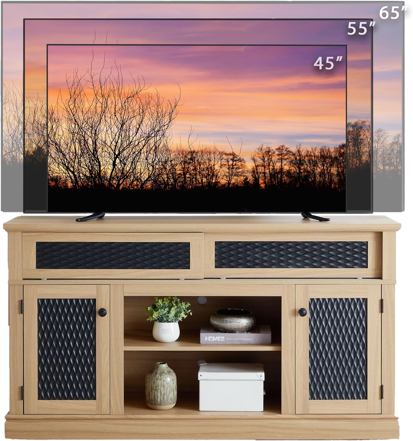58" Wooden TV Stand with Sliding Embossed Pattern Doors, Entertainment Center for TVs up to 65", Cord Management & Large Storage Space, Media TV Console Table for Living Room/Office (Oak)