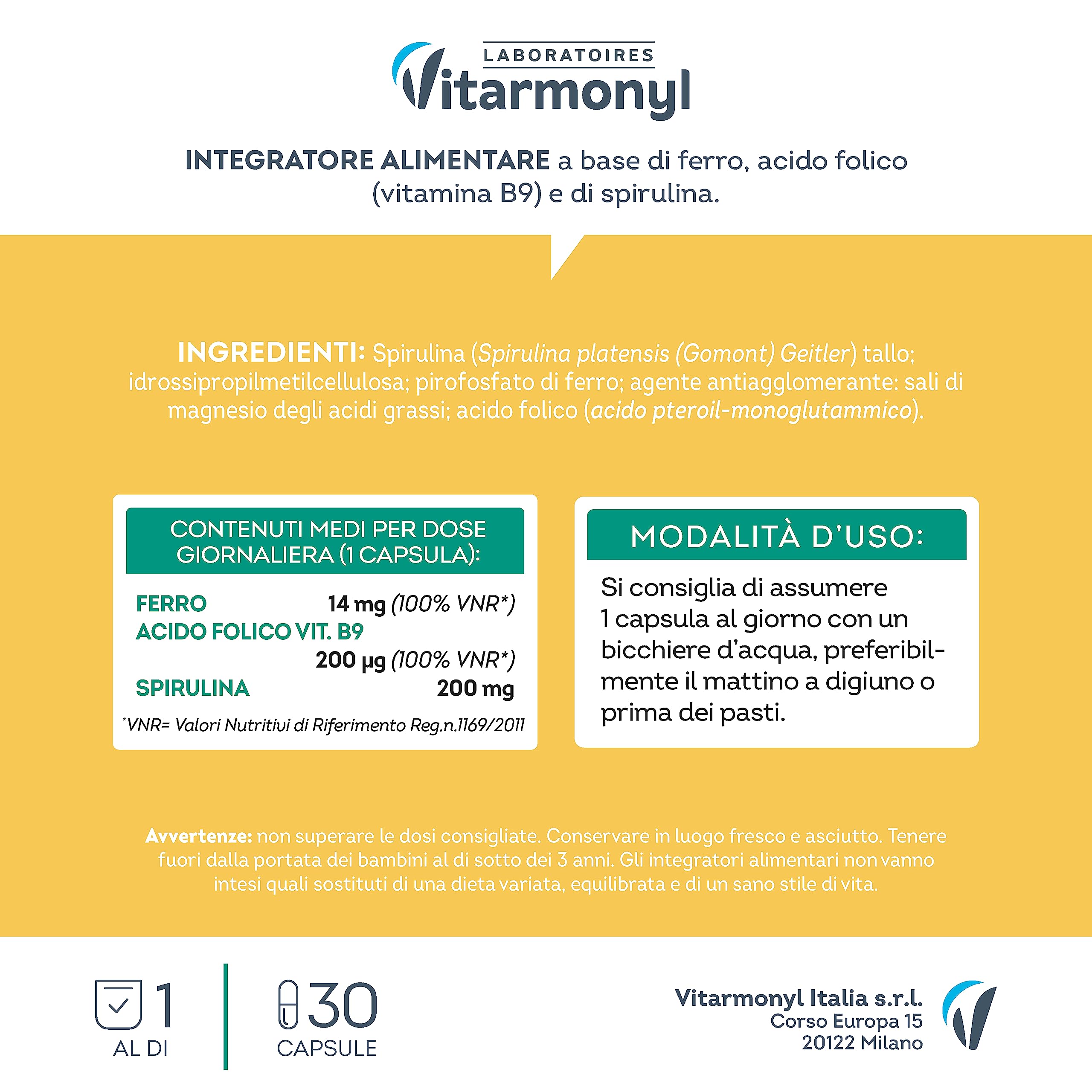 Ferro Acido Folico - Integratore Alimentare a base di Ferro e Acido Folico, con Spirulina - Per il Sistema Immunitario - Multivitaminico - Confezione da 30 capsule - Vitarmonyl