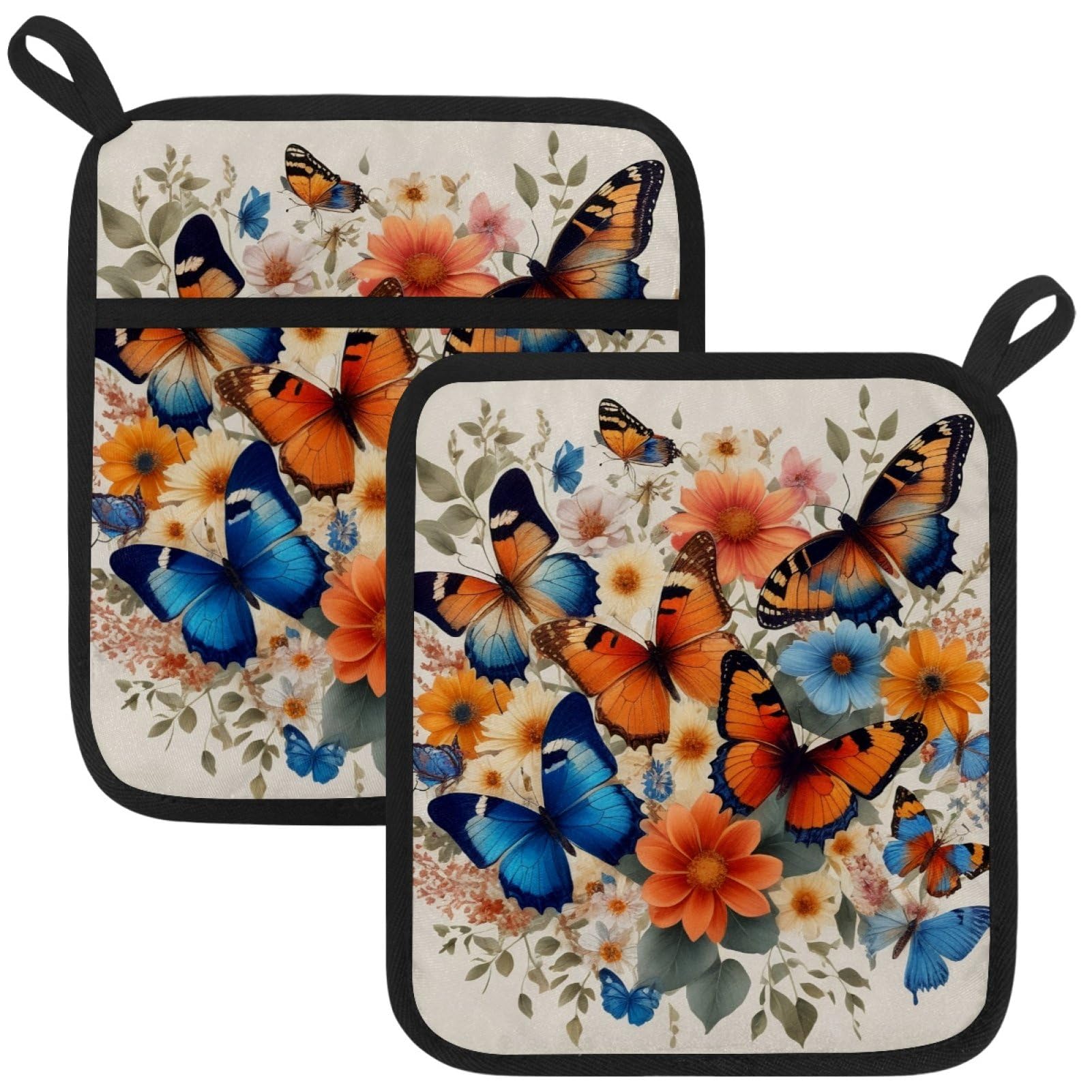 VAPOKF Butterfly Pot Holders with Pocket for Kitchen Heat Resistant Potholders Large Polyester-Cotton Square Oven Mitts Set