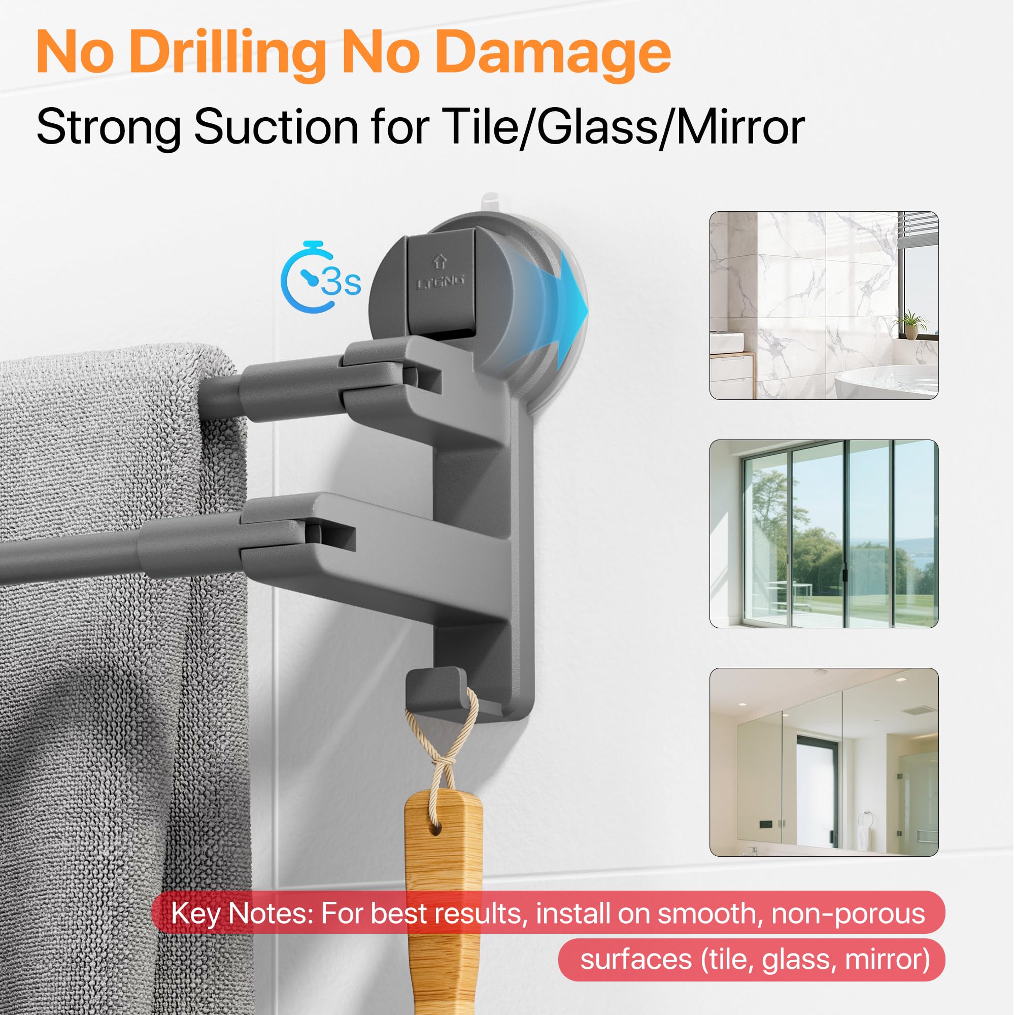 COCASES Towel Holder Suction Cup No Drilling Bathroom Towel Rail Double for Shower Wall without Gluing Towel Holder with 2 Towel Hooks and Adjustable Length for Kitchen Door Dark Grey 64-125 cm - Image 2