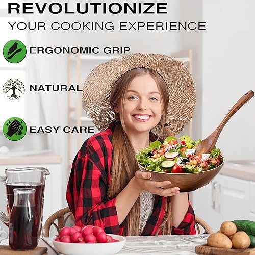 Miniatura 5 de Juego de utensilios de madera de teca de 9 piezas Cucharas de madera para cocinar con soporte para cucharas, espátula de madera y utensilios de