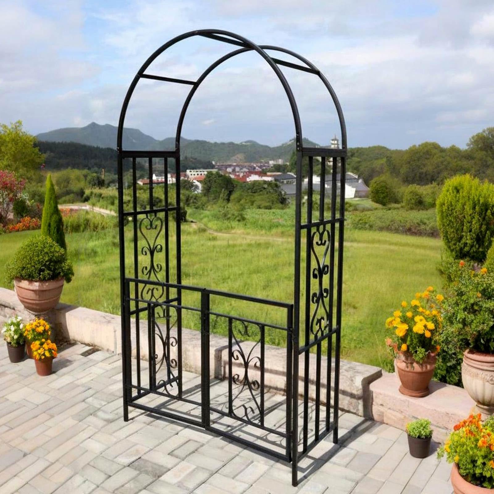 Garden Arch with Door for Climbing Plants 210cm High Trellis for Roses & Creepers Outdoor Wedding Arch Decoration Durable Black Metal Garden Entrance