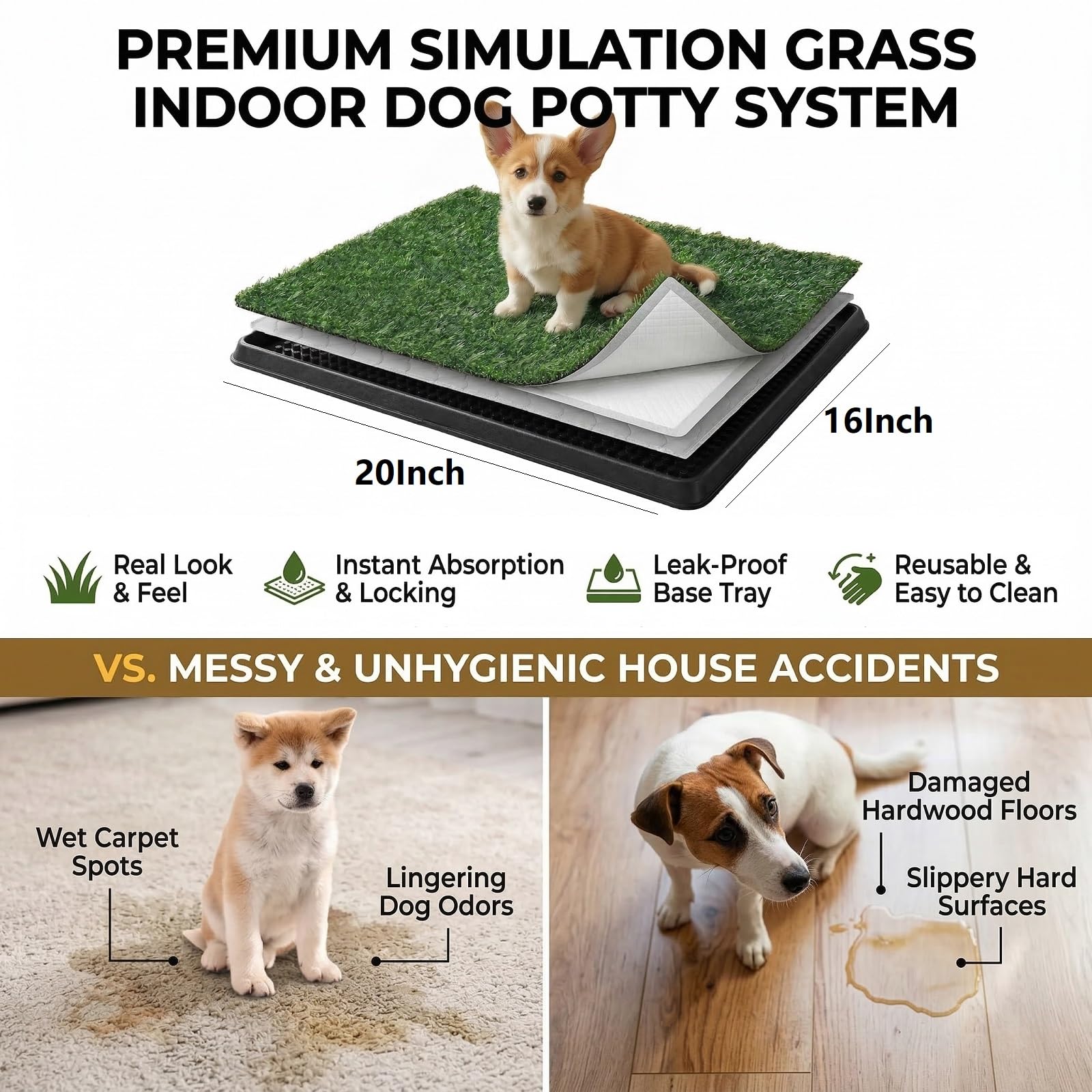 Hundegras-Pad Hundetoilette Töpfchen mit Tablett Kunstrasen-Töpfchen-Trainingspad Wiederverwendbares Hundeklo für drinnen 16 x 20 Zoll für Welpen, kleine Hunde, Balkon, Wohnung, waschbar
