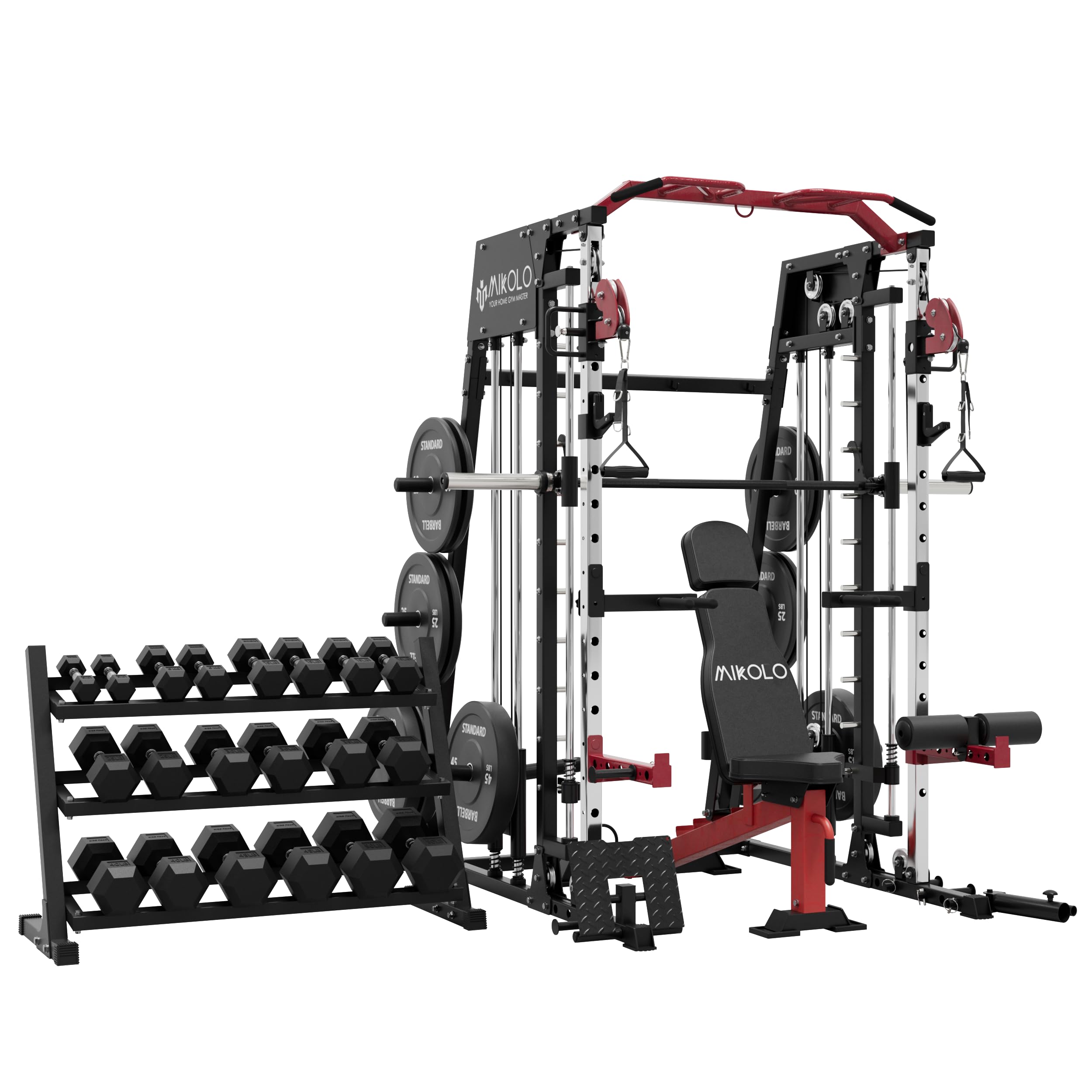 Mikolo Smith Machine, 2200lbs Squat Rack with LAT-Pull Down System & Cable Crossover Machine, Training Equipment with Leg Hold-Down Attachment