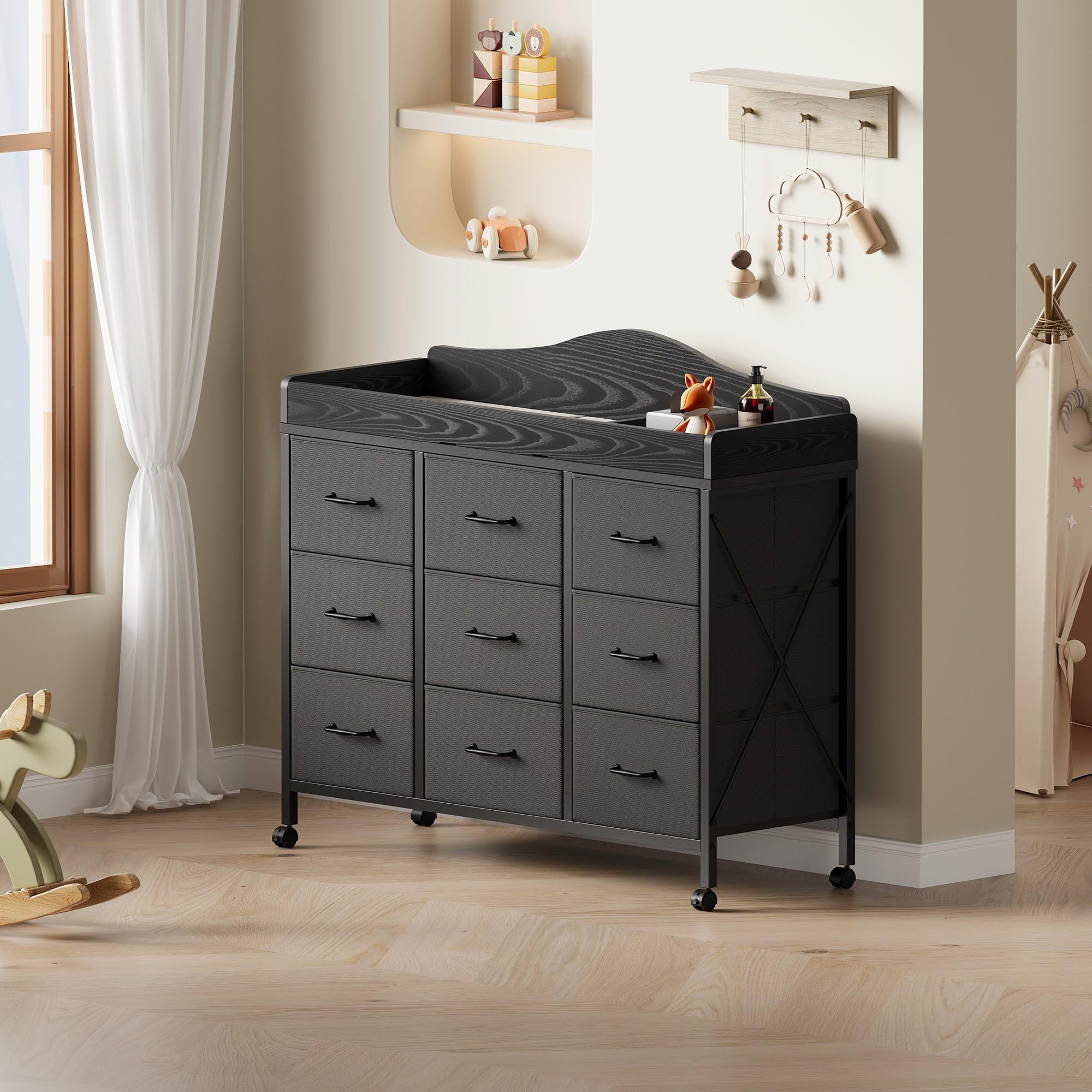 black changing table dresser Baby Table, 9 Fabric Boxes, Waterproof Pad, Mobile Nursery, the top can hold Size:5 Years Vintage A-line Sweetheart Ruffles feature_Lace Up