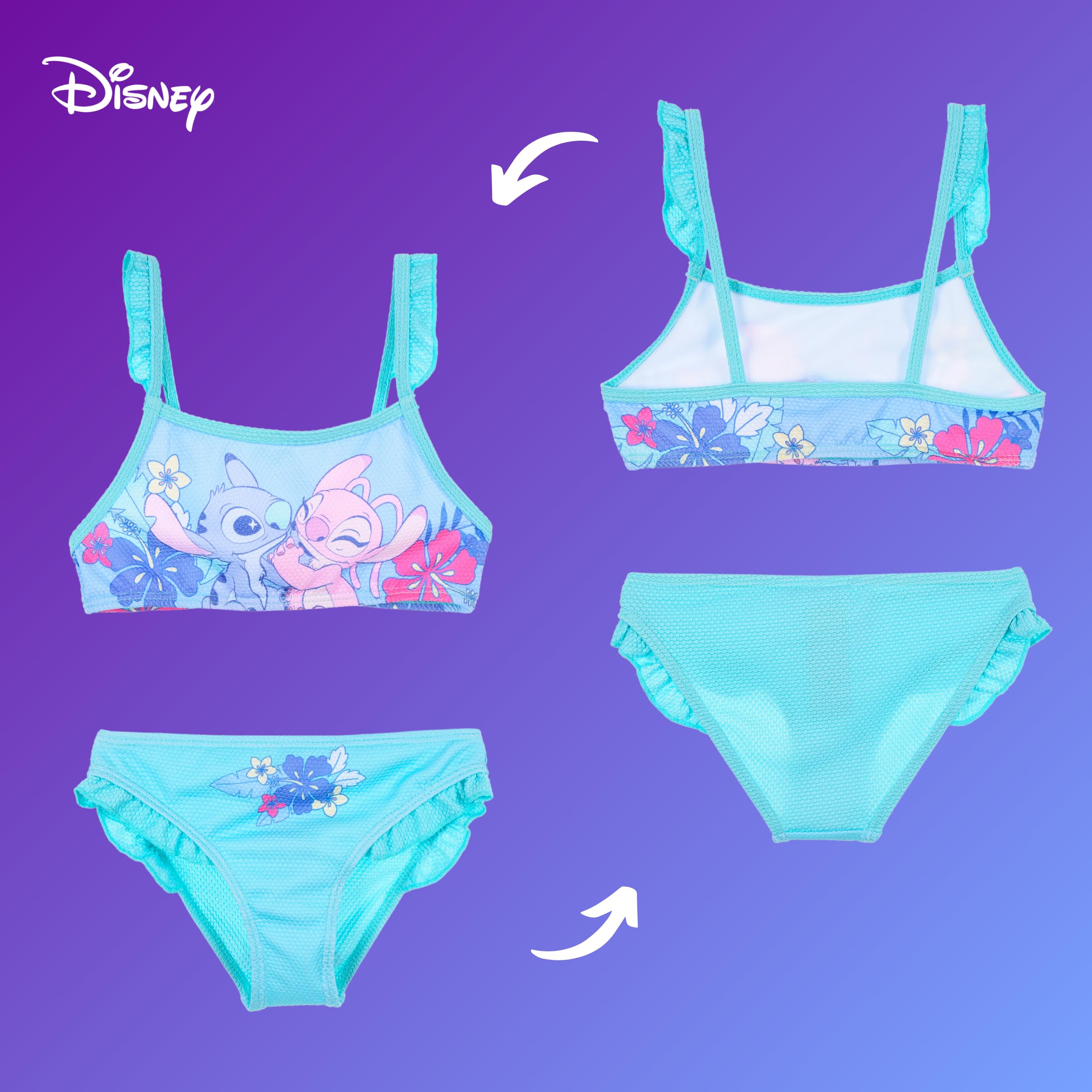 Disney Stitch y Angel Bikini para Niña, Bañador de Dos Piezas Arco Iris, Natación Infantil Tallas 3-8 Años