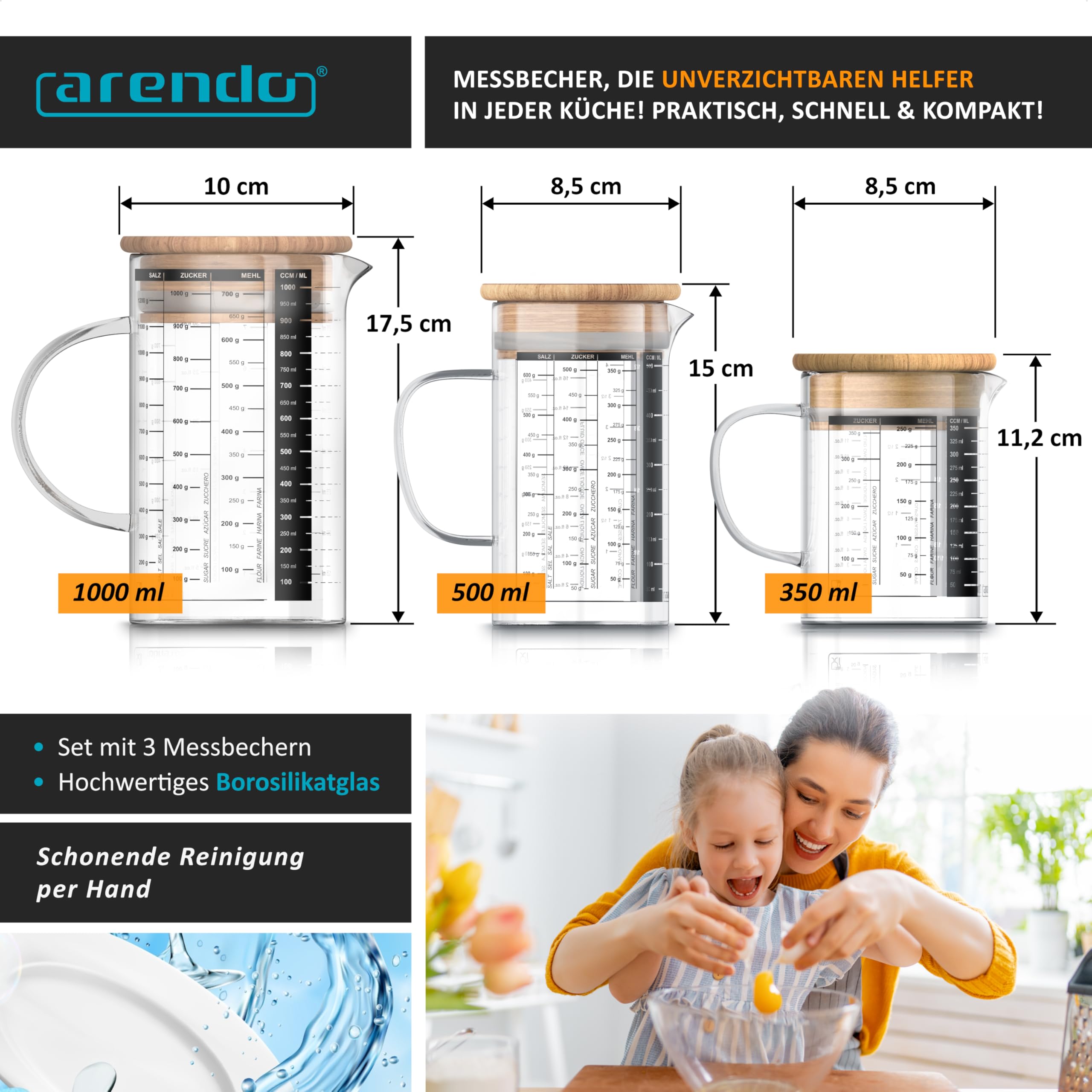 Arendo - Zestaw szklanych pojemników ze szkła borokrzemowego – 350 ml, 500 ml, 1000 ml (0,35 l 0,5 l 1 l) – kubek z miarką szklany dzbanek – odporny na wysokie temperatury – szklany pojemnik z