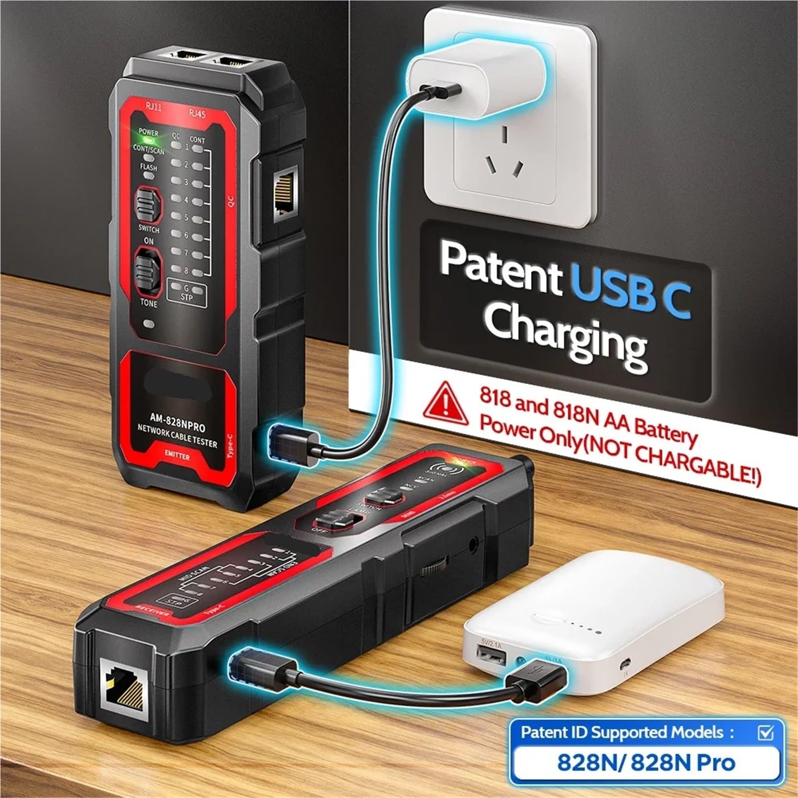 Kit tester for cavi di rete, ricarica USB, test su PoE, NCV, flashing porta Ethernet, controllo crimpatura, kit tracciamento LAN Prove di trasmissione(AM-828NPro)