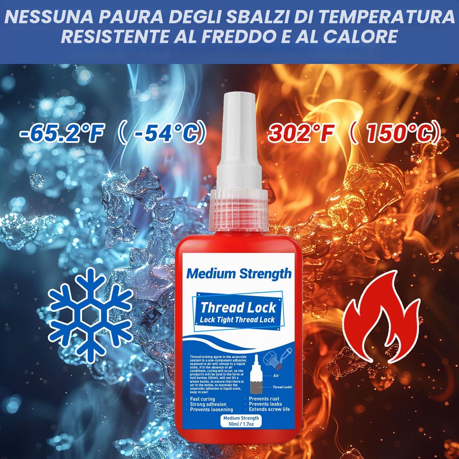 50 ml Frenafiletti Medio, Frena Filetti Blu a Media Resistenza, Blocca e Sigilla Dadi e Bulloni, Evita Allentamenti e Perdite, Stabile, Antiruggine | adesivo per viti per riempire spazi vuoti, fissare e sigillare dadi, bulloni, stabile e antiruggine, cont