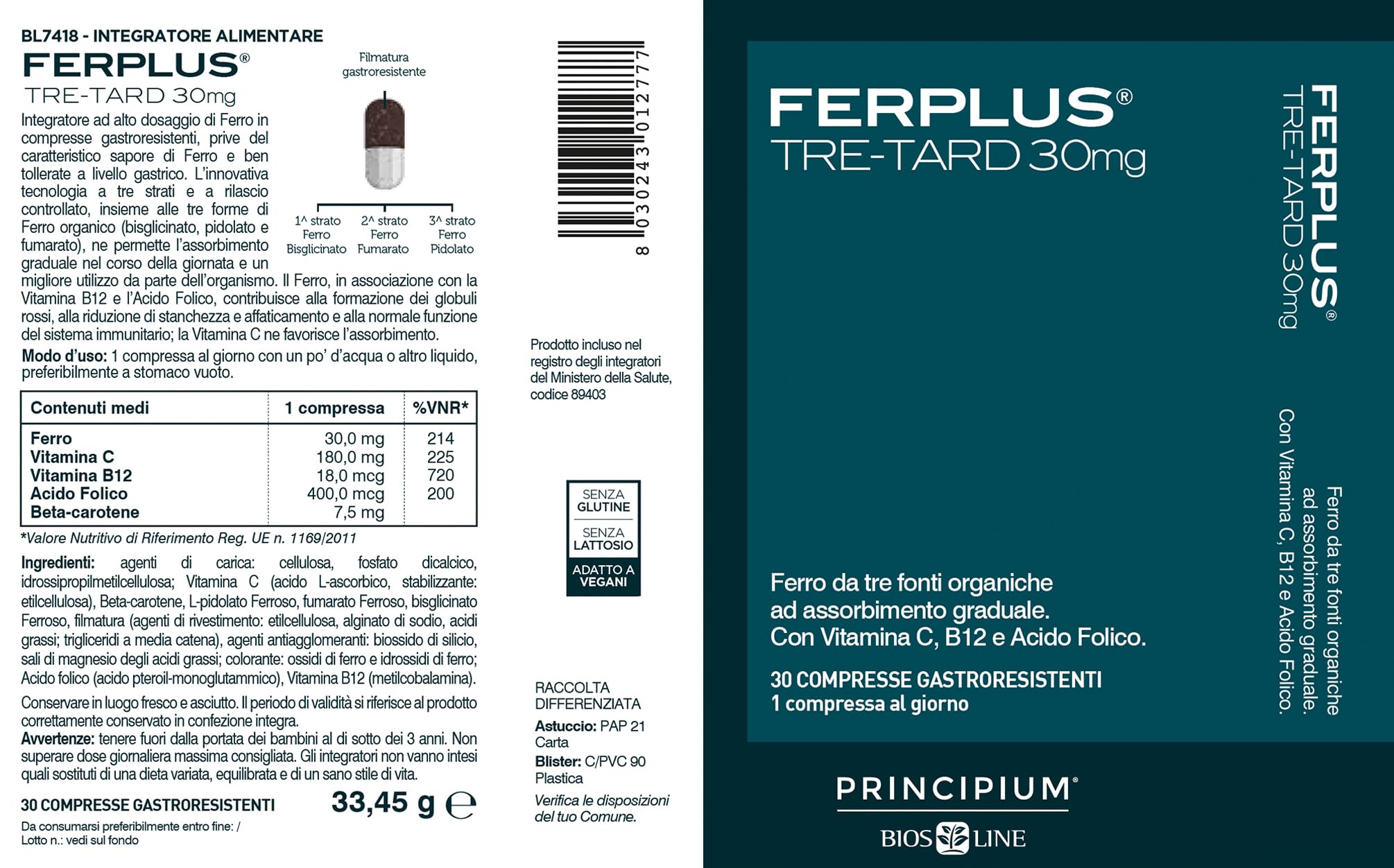 Bios Line Principium FerPlus Tre-Tard 30 Cps Gastroresistenti