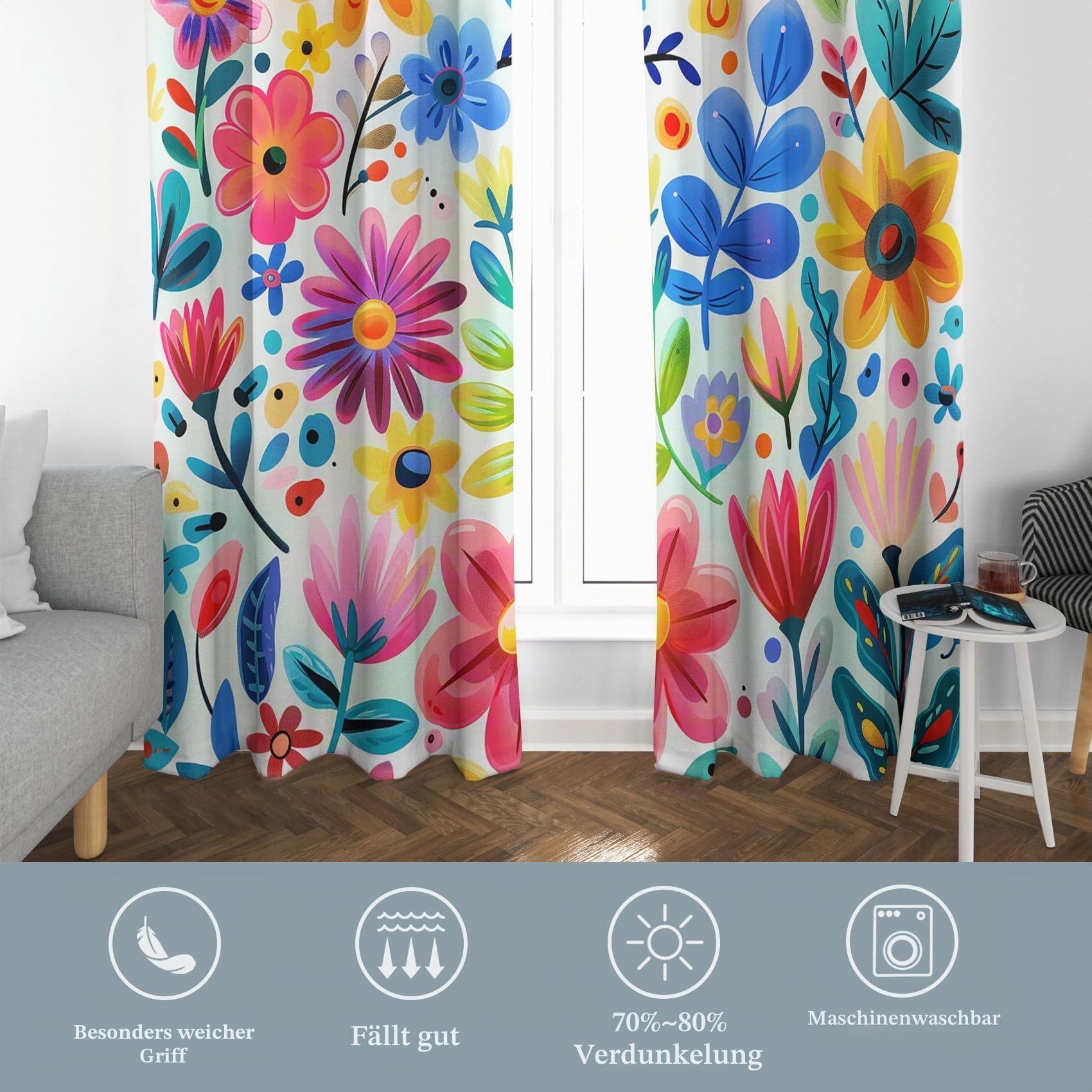 Bunt Geblümt Vorhänge, Verdunklungsvorhänge mit Muster Bunt, Vorhang Blickdicht mit Ösen, Gardinen für Wohnzimmer Schlafzimmer Deko 2er Set - 137x117 (H X B)