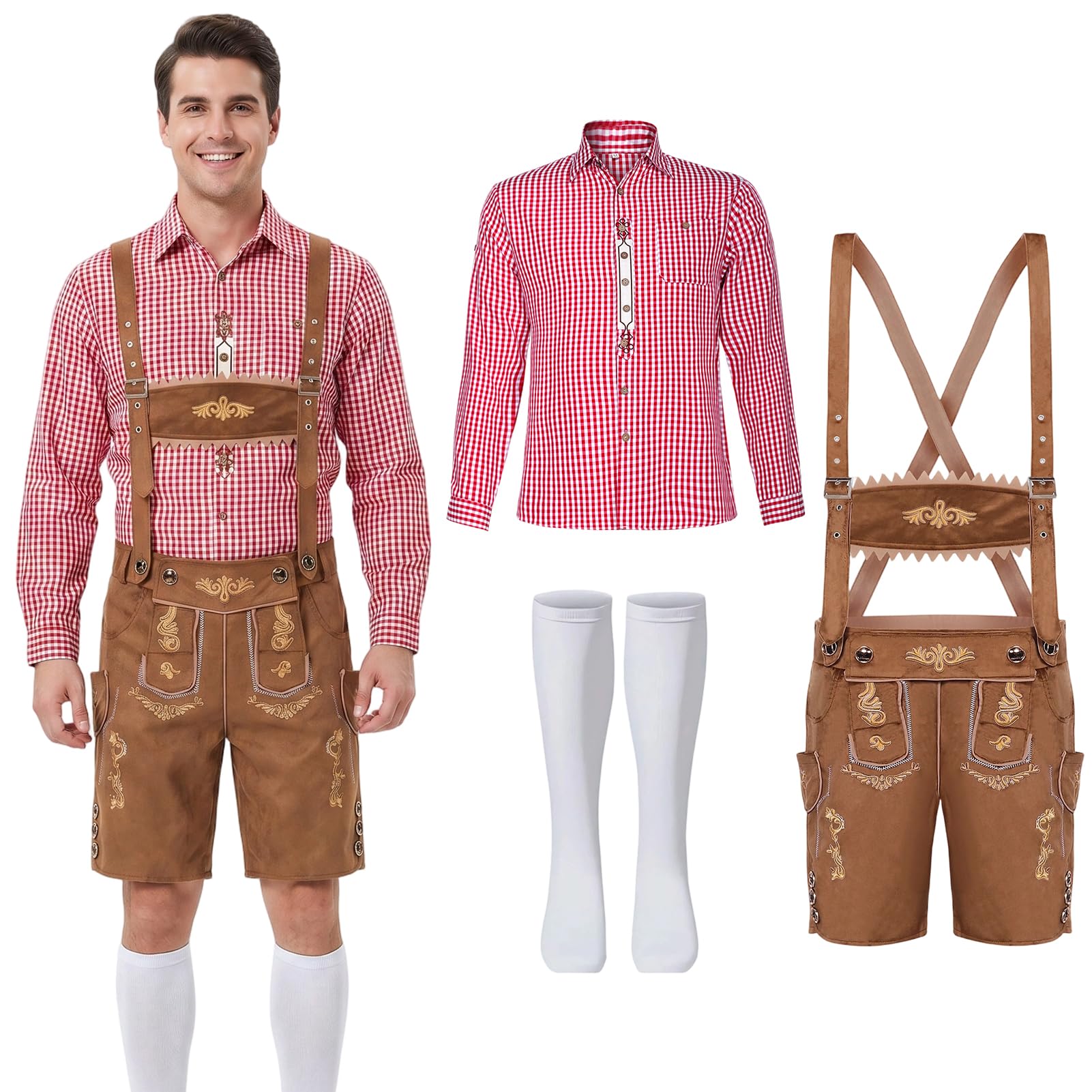 Essestim Oktoberfest Men's Costume, Traditional Bavarian Oktoberfest Lederhosen Costume Set with Suspenders Shorts Hat Stocking for Beer Festival Traditional Fancy Dress (Red, M)