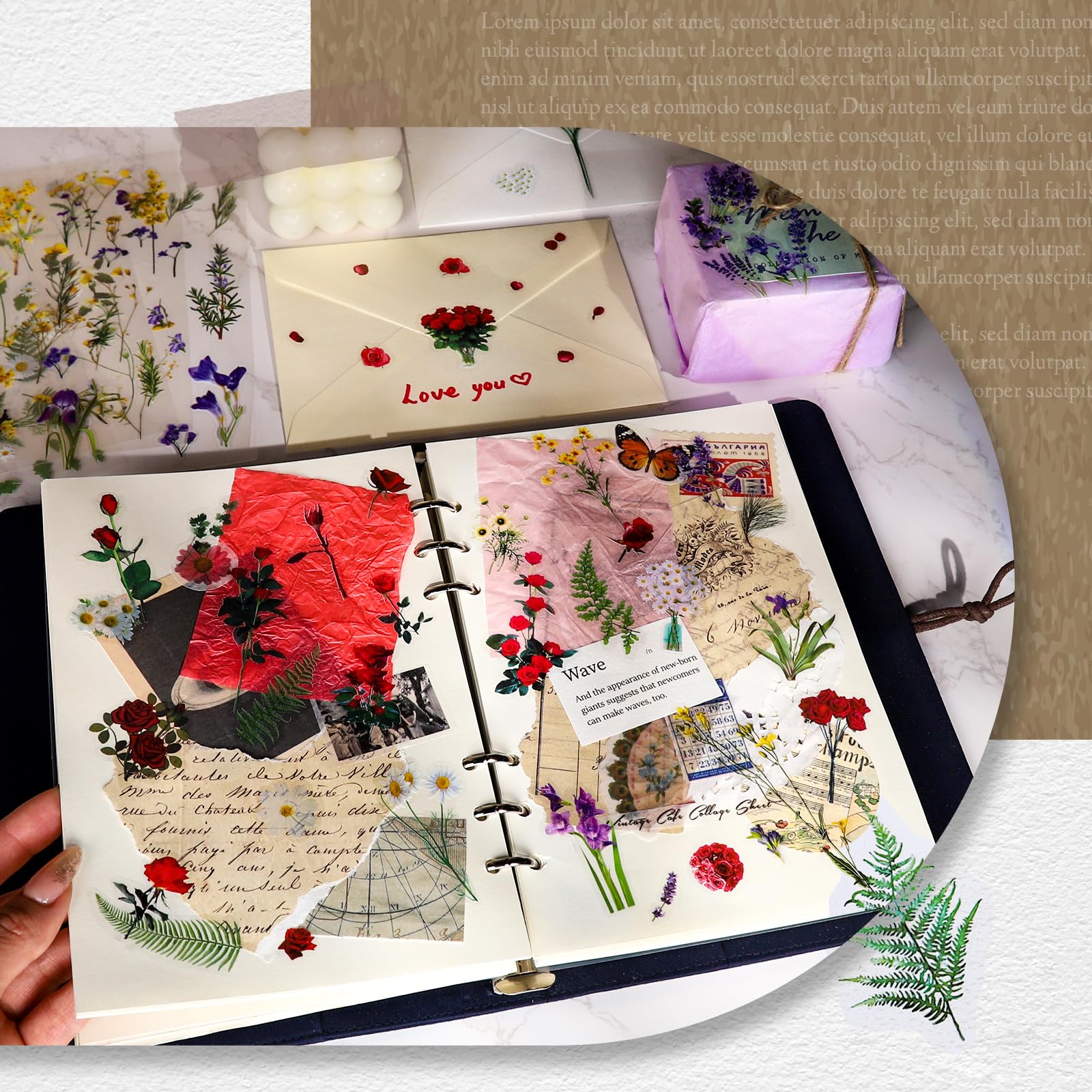 YGDZ Flower Stickers - 36 Sheets 520PCS Natural Transparent Floral Stickers for Scrapbooking, Journaling & Decorating - Image 3