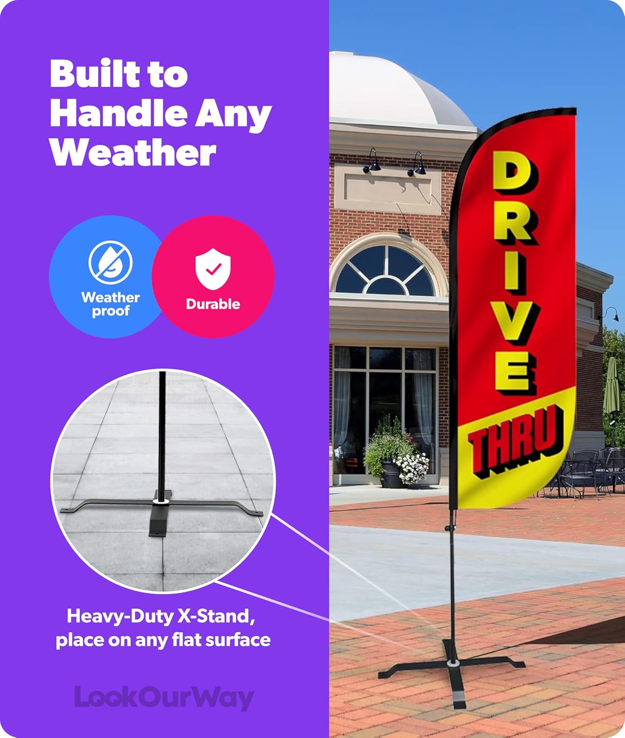 LookOurWay Feather Flag Set - 5ft Tall Advertising Banner Flag with Pole Kit and X-Stand for Business Promotion - Thrive Thru Red/Yellow