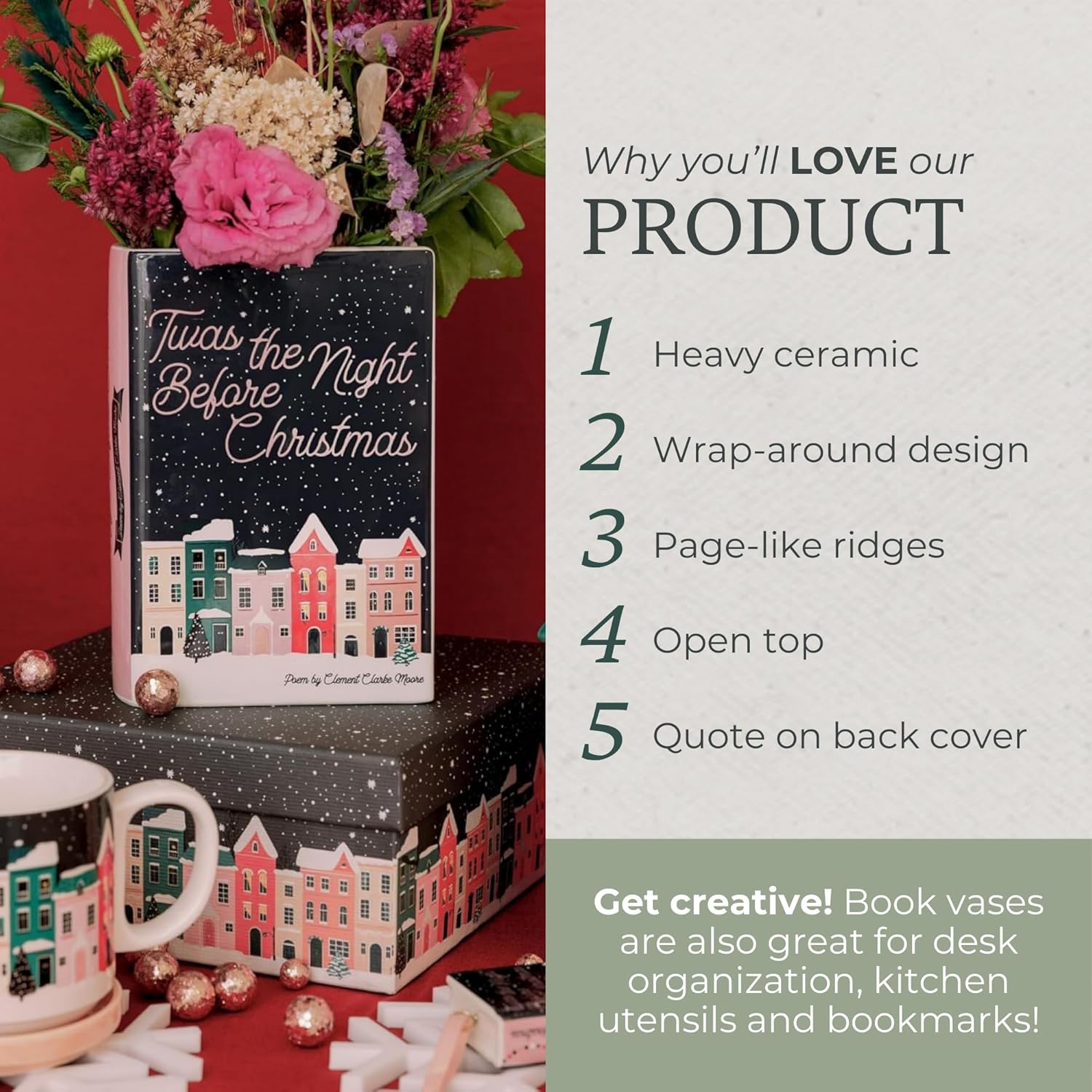 Steel Mill & Co Original Large Book-Shaped Decorative Vase, Ceramic Vases for Home Decor, Cute Bookshelf Decor, Unique Vase for Book Lovers, TWAS The Night Before Christmas