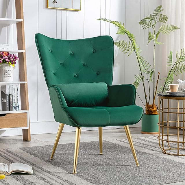 HomeMiYN Velvet Accent Chair Tufted Buttoned Wingback Armchair Modern Comfy Upholstered Chair High Back Vanity Chairs with Golden Metal Legs And Pillow for Living Room Bedroom Reading Dark Green
